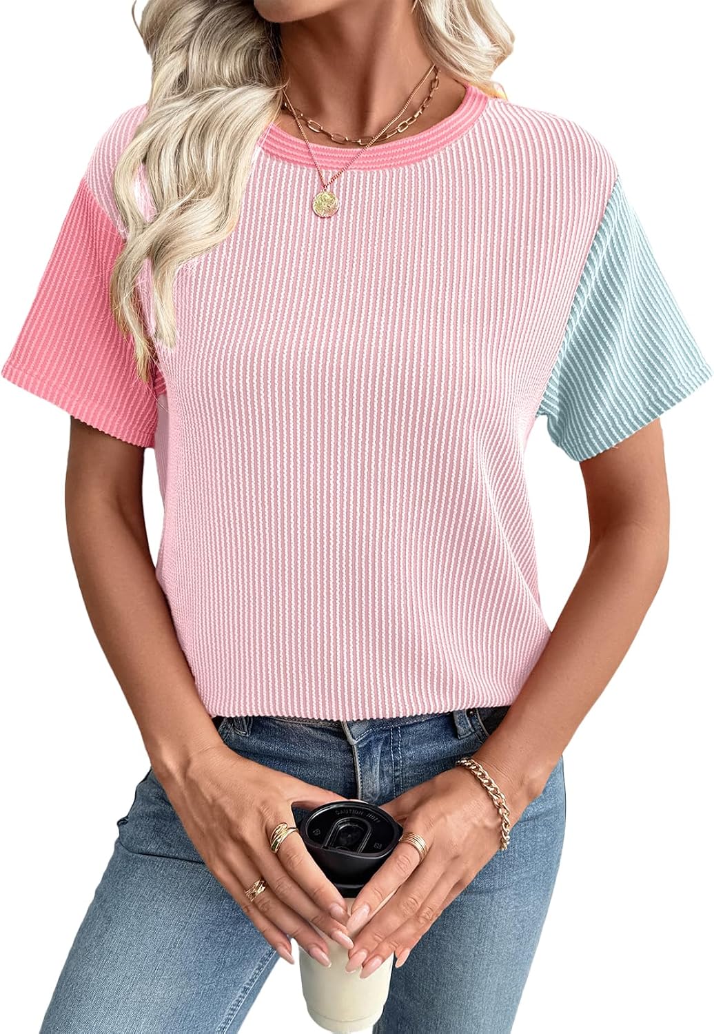 EVALESS Women's Short Sleeve T Shirts Ribbed Knit Crewneck Multicolour Block Tee Blouses Spring Tops 2026 Trendy