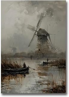 Windmill Print, Vintage Country Landscape Painting, Dutch Scenery Farmhouse Decor, Dutch Windmill Landscape Print, Vintage Holland Countryside Painting, Modern Art, Wall