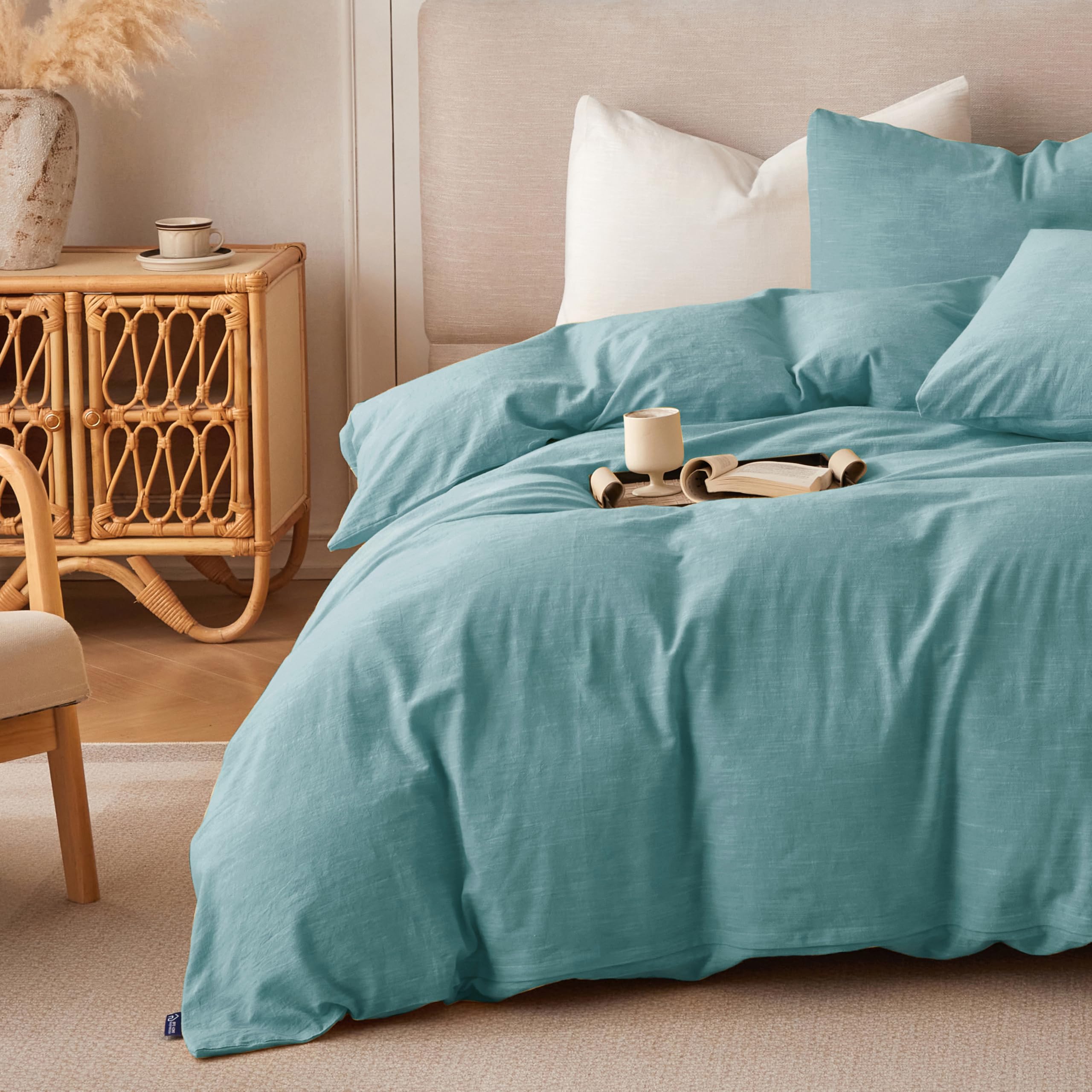 BFS HOME Linen Duvet Cover King Size - Soft Breathable Cotton Linen Blend, 3-Pieces Bedding Set with 2 Pillowcases, Stonewashed Texture, Teal,