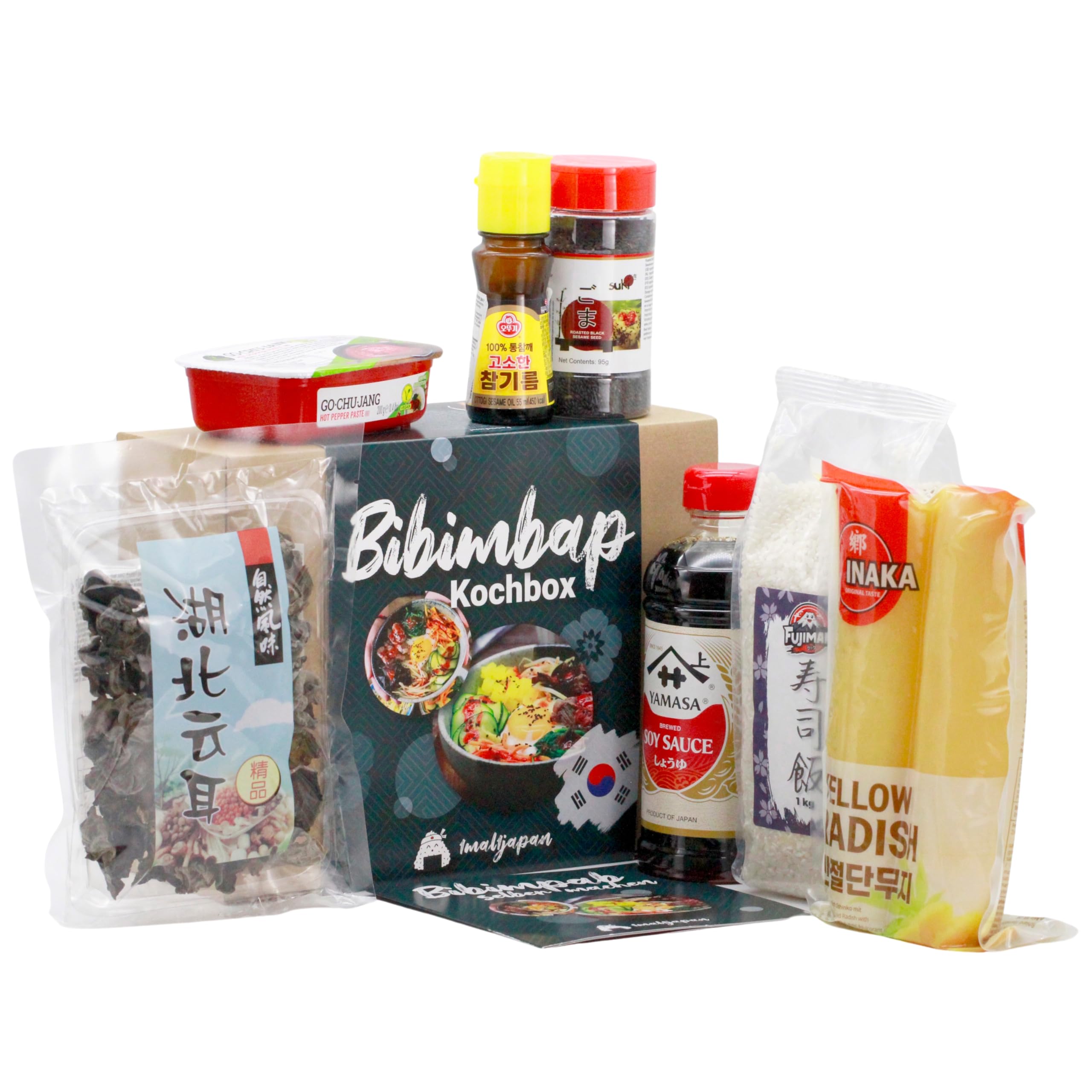 Bibimbap Kochbox (8-teilig, für 6 Portionen) – DIY Set inkl. Anleitung für Korean Rice Bowl – mit Reis, Gochujang, eingelegter Rettich, Sesamöl & mehr | auch für Anfänger, Geschenkidee