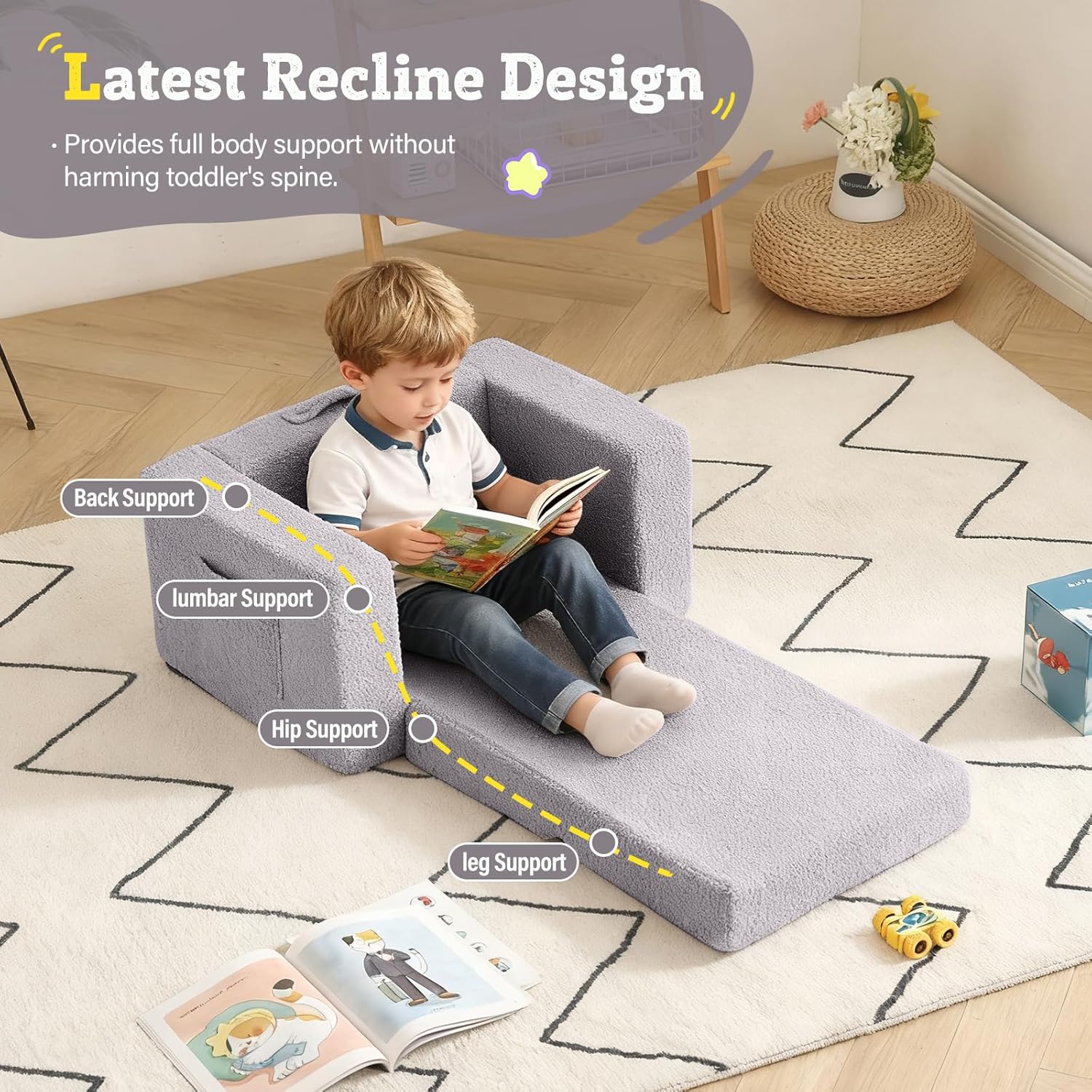 Welnow Toddler Chair, 2-in-1 Soft Sherpa Kids Sofa, Convertible Toddler Couch Lounger, Flip Out Kids Couch Chair with Side Pockets & Removable Cover for Girls and Boys, Grey