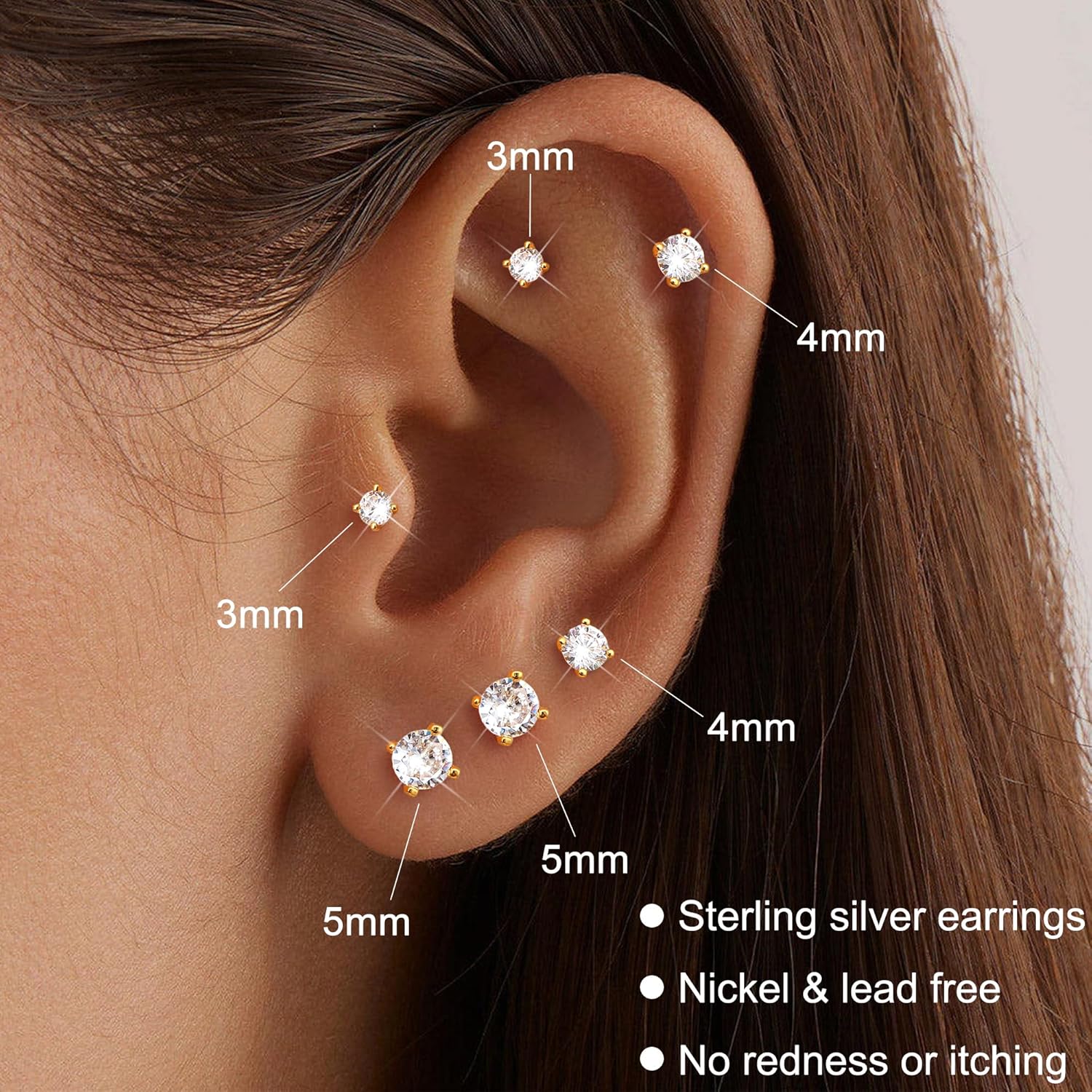 FASACCO 925 Sterling Silver Stud Earrings 18K White Gold Plated Screw Back Earrings for Women Girls Hypoallergenic Cubic Zirconia Earrings Studs 3MM 4MM 5MM Sparkling CZ Over 36 Months Old - Image 4