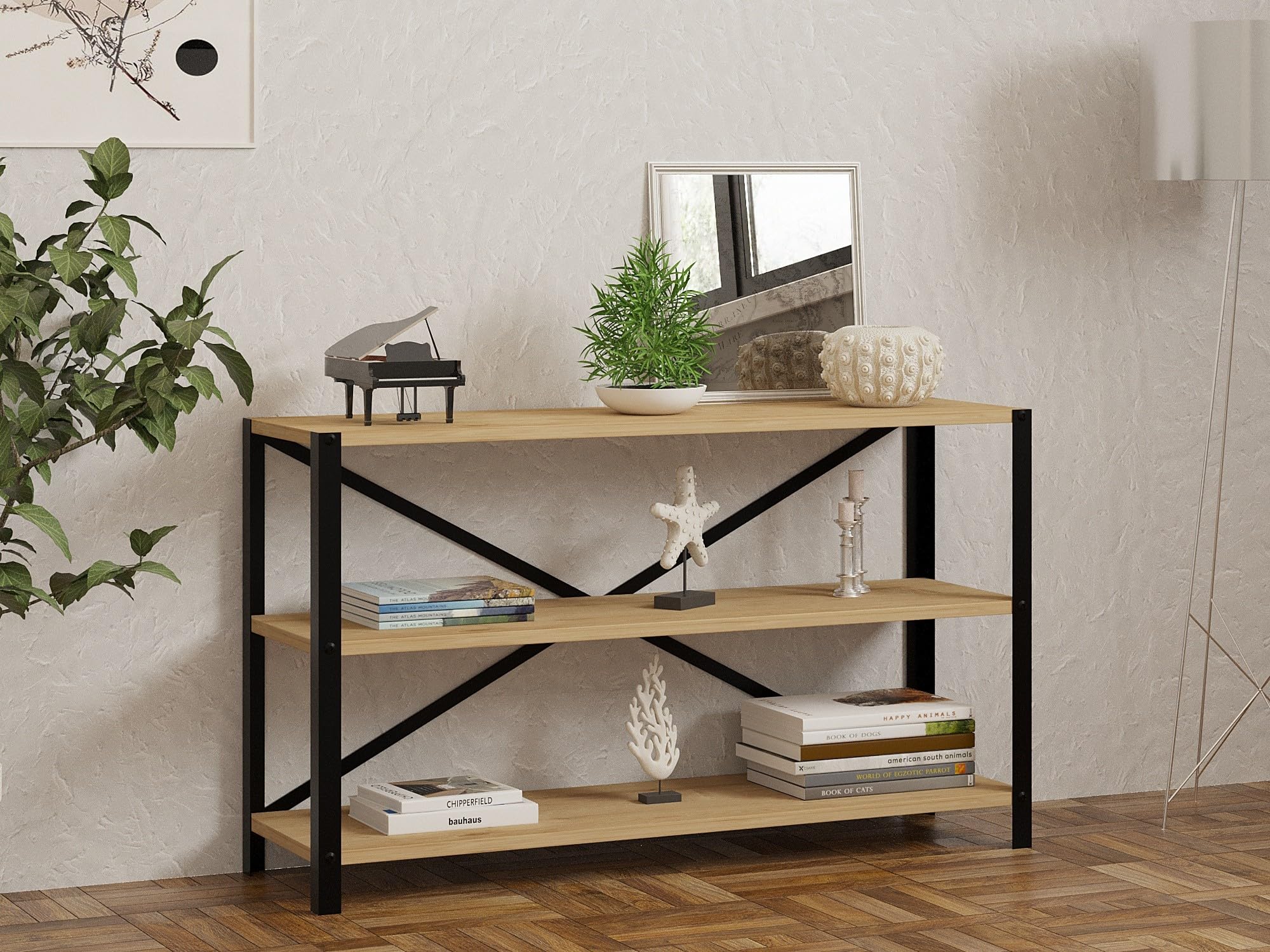 Hanah Home Industrial Bookshelf, Sapphire Colour, 103 x 60 x 29.5 cm, 100% Melamine Coated Particle Board, 18 mm Thickness, 100% Metal Frame, Stylish Storage Solution