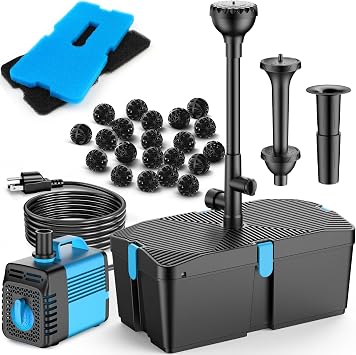 Pond Filter with Fountain Pump Kits, 60W 820GPH Pond Pump and Filter Kit with Submersible Water Pump Flow Ajustable for Outdoor Ponds Koi Pond Garden Fish Tank Water Features