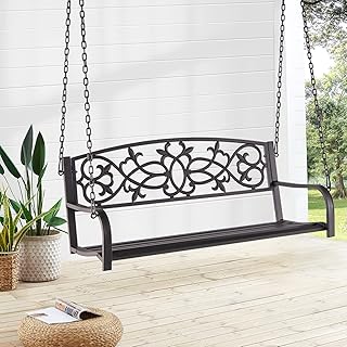 Giantex Patio Metal Porch Swing, 2-Person Hanging Porch Swing Bench with Sturdy Chains & Retro Pattern Backrest, 485 Lbs Weight Capacity Loveseat for Garden, Yard, Front, Outdoor Swing Chairs (Brown)