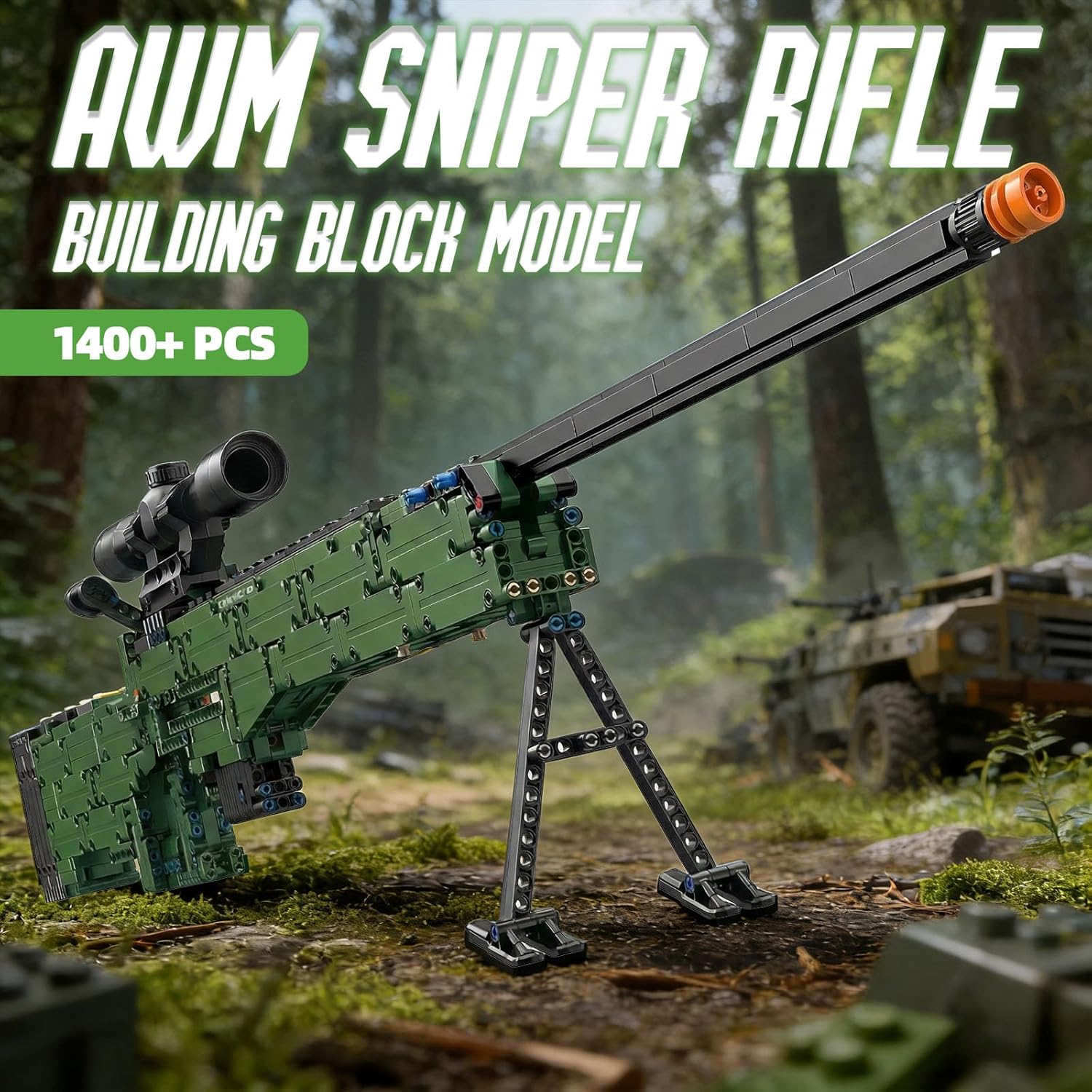 1:1 AWM Model Building Block Set 1400 Pcs Military Gun Sniper Rifle Building Kit Gift for Adults & Teens