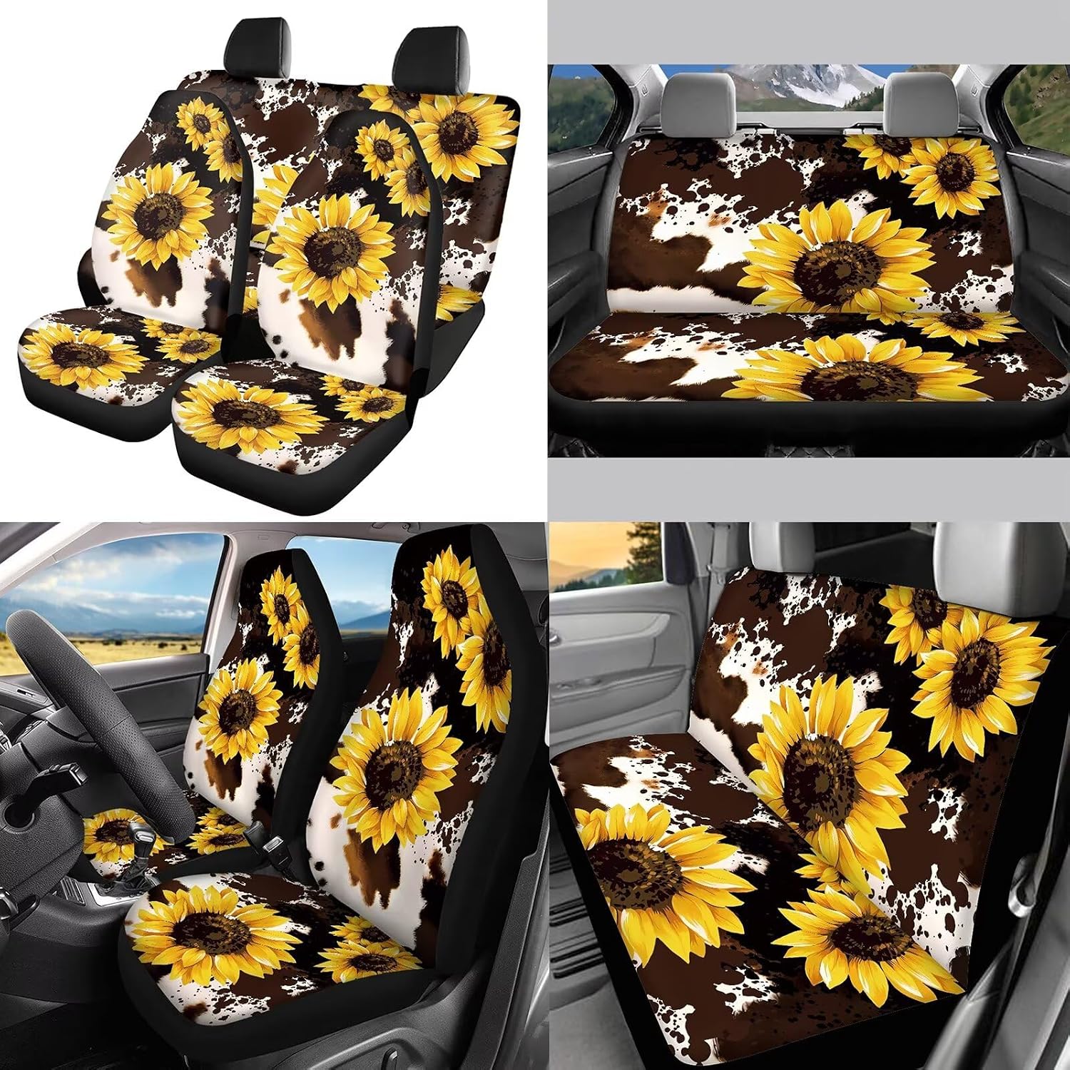 Brown Cow Sunflower Print Car Seat Cover Full Set,Universal Car Steering Wheel Cover/Armrest Cover/Seatbelt Covers/Coasters/Lip Holder/Keychains for Women Men