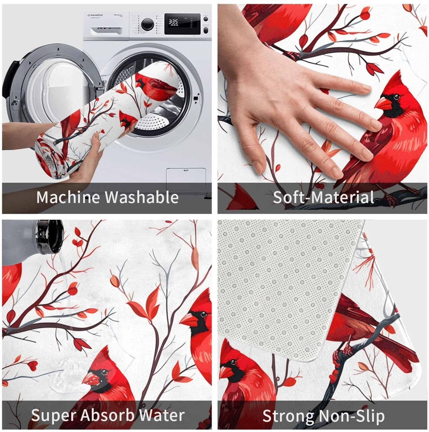 Ultra Soft and Absorbent Bathroom Rugs Mat 19.5x31.5Inches,Red Cardinal Bird in Branches Quick Dry Bathroom Rugs, Bath Mats for Bathroom Floor, Tub & Shower,Non Slip, Machine Washable