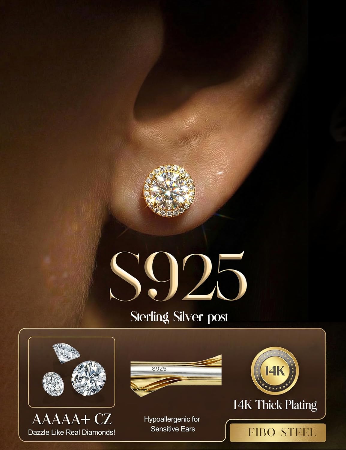 FIBO STEEL 14K Gold Plated Stud Earrings for Men Women Hypoallergenic | 925 Sterling Silver Cubic Zirconia Earrings Studs | Big Brilliant Simulated Diamond CZ Halo Studs Earring for Sensitive Ears