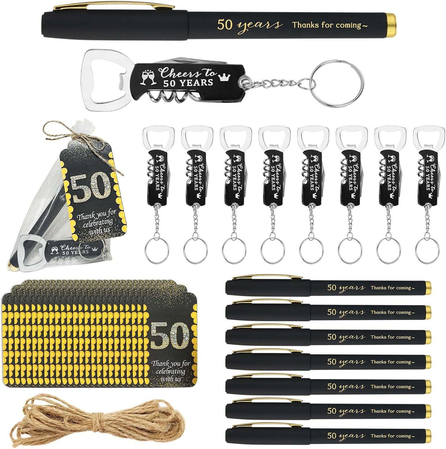 25 Sets 50th Birthday Party Favors for Guests Including Birthday Pens Bottle Opener Keychains Bulk Thank You Cards with Organza Gift Bags for Birthday Anniversary Souvenirs, Cheers to 50 Years