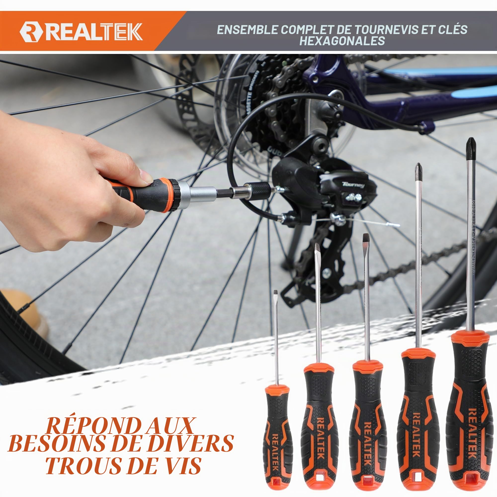 REALTEK Malette Outils, Caisse à Outils Complete 123 pièces, Boite a Outils | Portables, pour la Maison Avec Ensemble de Clés à Douille, Set tournevis, marteau, clés de serrage, et autres accessoires