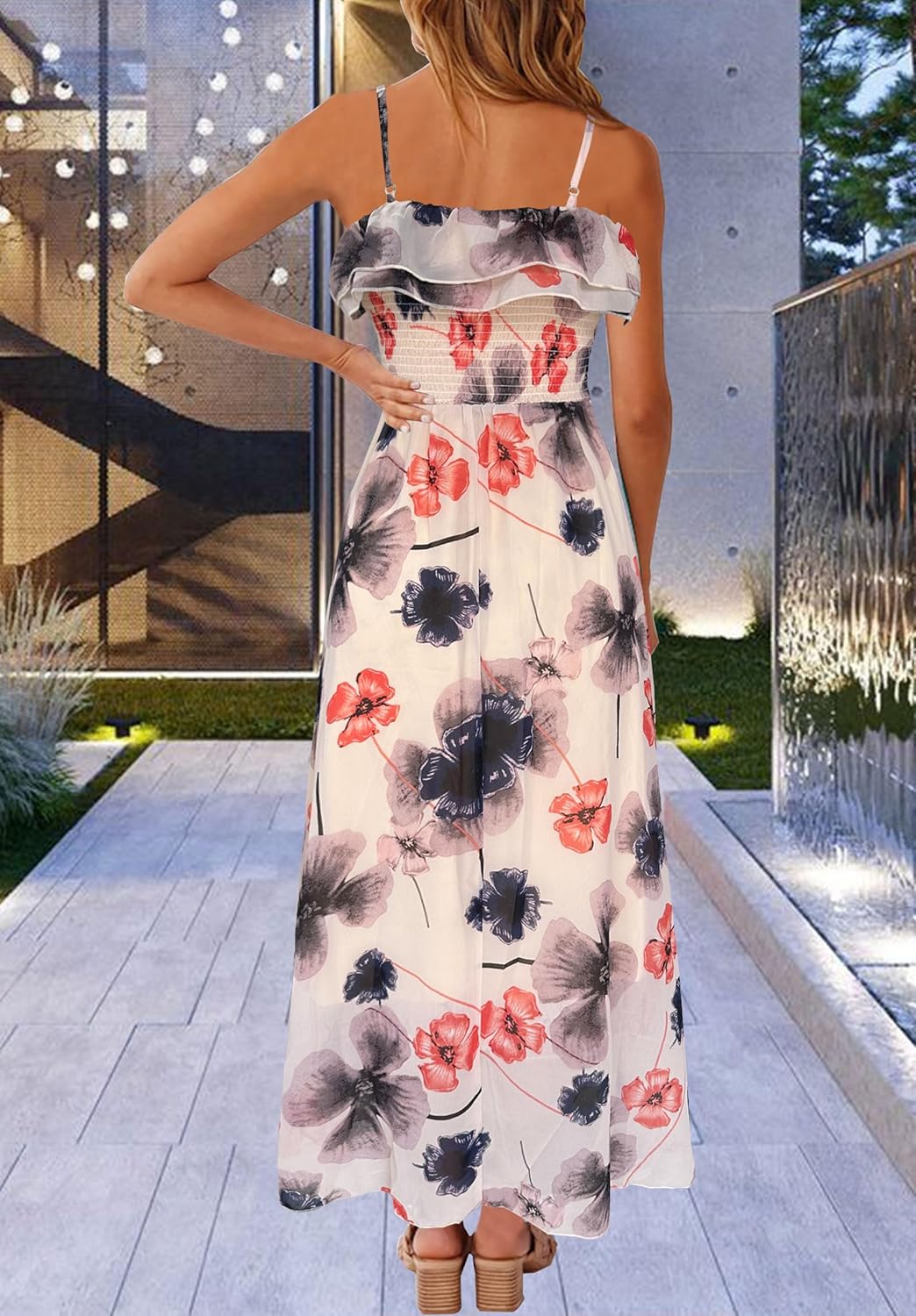 Women's Summer Dresses 2025 Sundress Spaghetti Strap Smocked Ruffle Beach Long Dress Boho Floral Maxi Dresses - Image 2