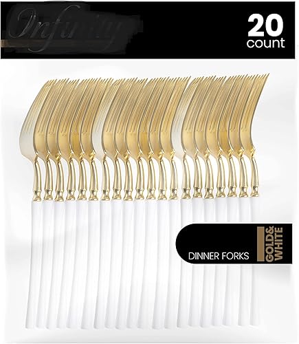 PlasticPro 20 tenedores de plástico dorado y blanco, de alta calidad, resistentes, desechables, elegantes, cubiertos de dos tonos para fiesta PlasticPro 20 tenedores de plástico dorado y blanco, de alta calidad, resistentes, desechables, elegantes, cubiertos de dos tonos para fiesta