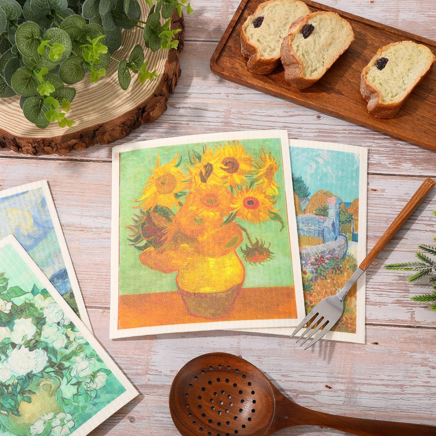 JarThenaAMCS Van Gogh Painting Swedish Kitchen Dishcloth 8 Designs Cotton Kitchen Towel Absorbent Dish Towel for Housewarming Cleaning Wipes, 8Pcs, 7 x 8 Inch image 4