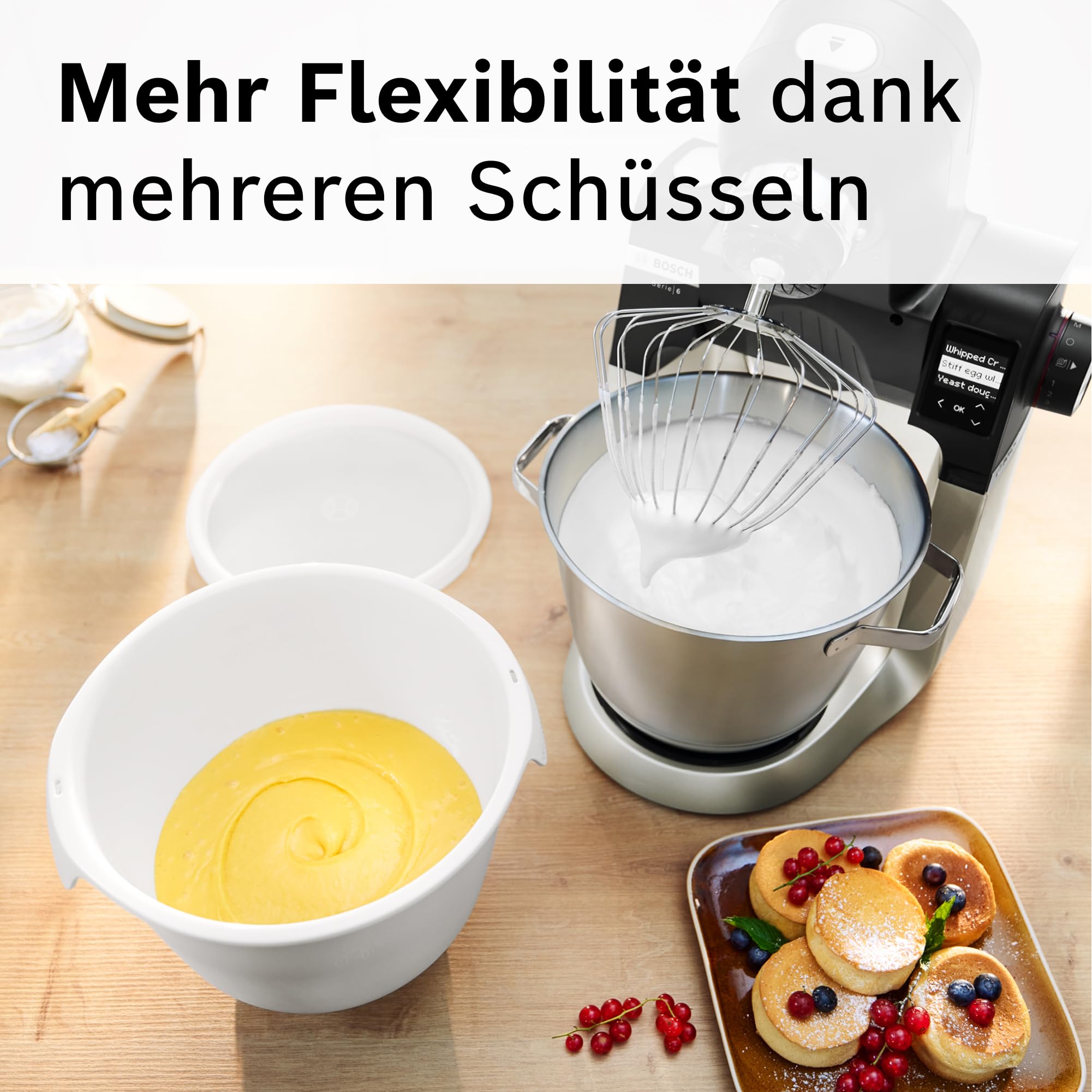 Bosch MUZS6KR miska do mieszania z tworzywa sztucznego, z pokrywką i uchwytami, pojemność 5,5 l, nie zawiera BPA, elastyczna, do robotów kuchennych Bosch seria 6, biała