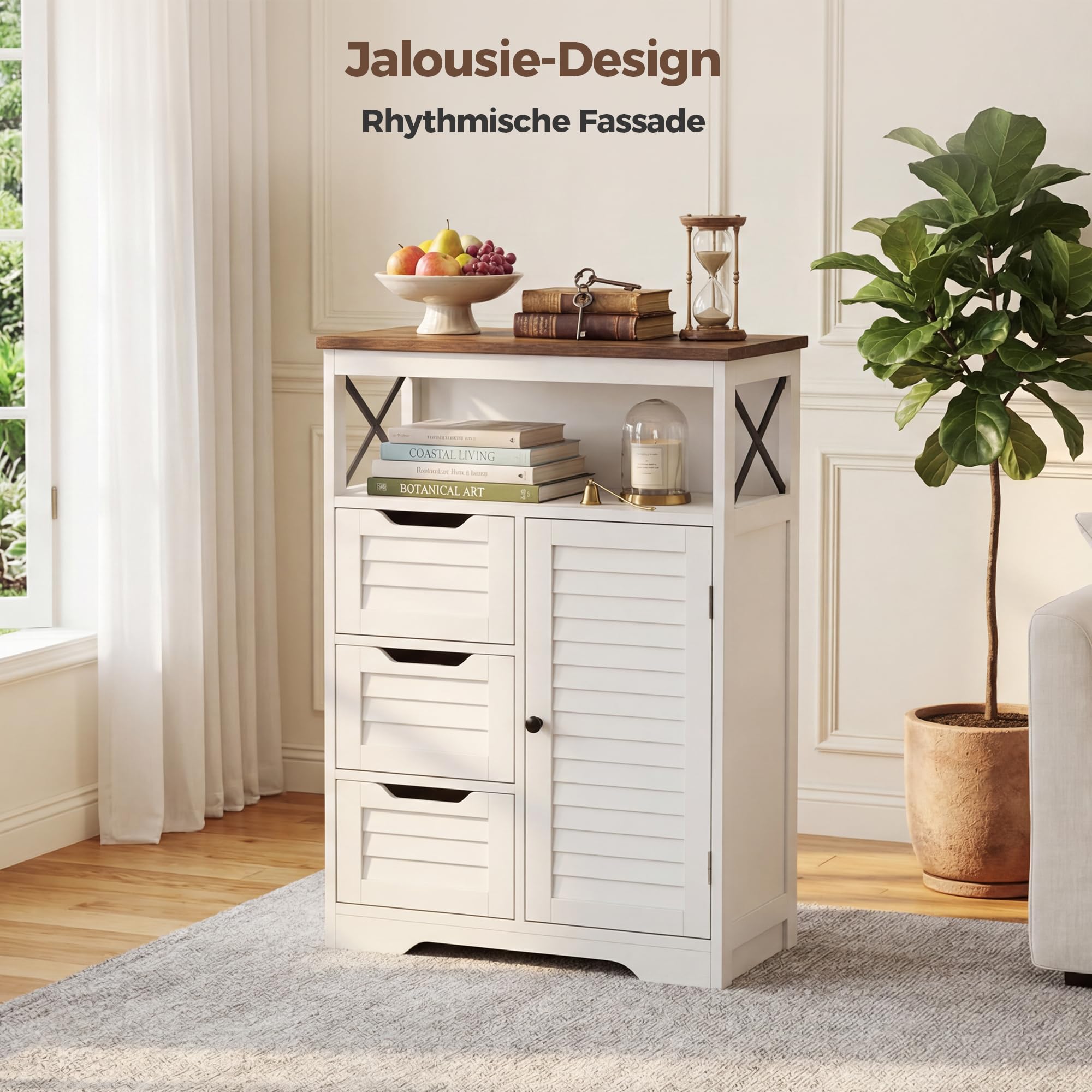 BonVache Küchenschrank mit 3 Schubladen, Jalousiestil, Aufbewahrungsschrank mit Offene Ablagefächer, Verstellbare Ablage, für Küche, Flur, Badezimmer, Wohnzimmer, 56 x 30 x 87cm, Weiß