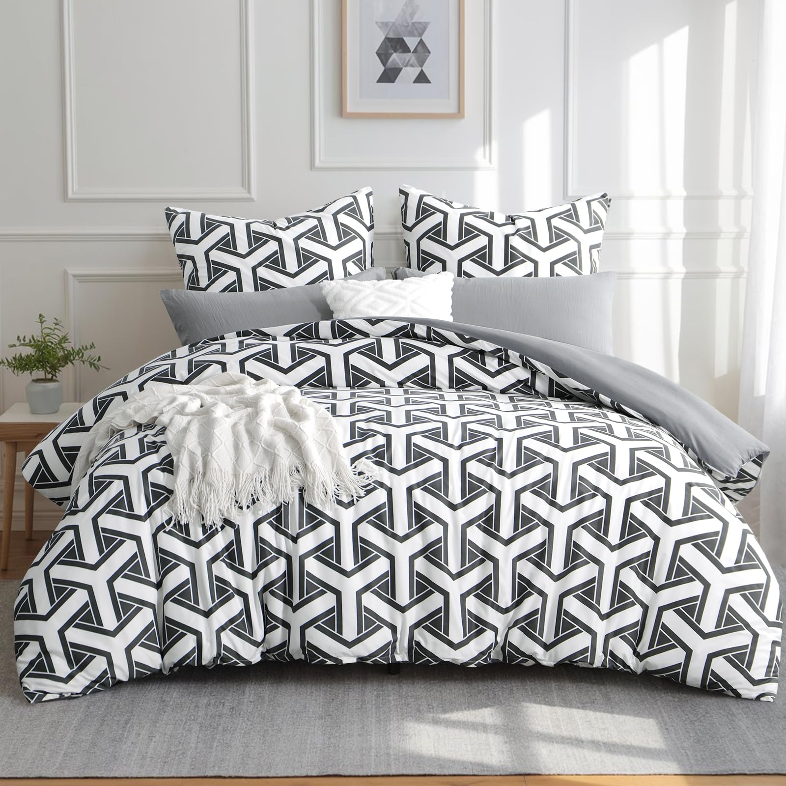 BEDSURE Beddengoedset 220 x 240 cm, 3-delig dekbedovertrek, met 2 kussenslopen 80 x 80 cm, Öko-Tex,geometrisch patroon. voor tweepersoonsbed. met ritssluiting, zacht en strijkvrij. grijs