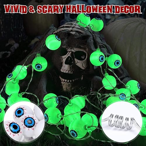 Miniatura 4 de Decoraciones de Halloween de 19.7 pies, 40 luces LED de globo ocular con temporizador remoto funciona con pilas, 8 modos de luz, decoración de