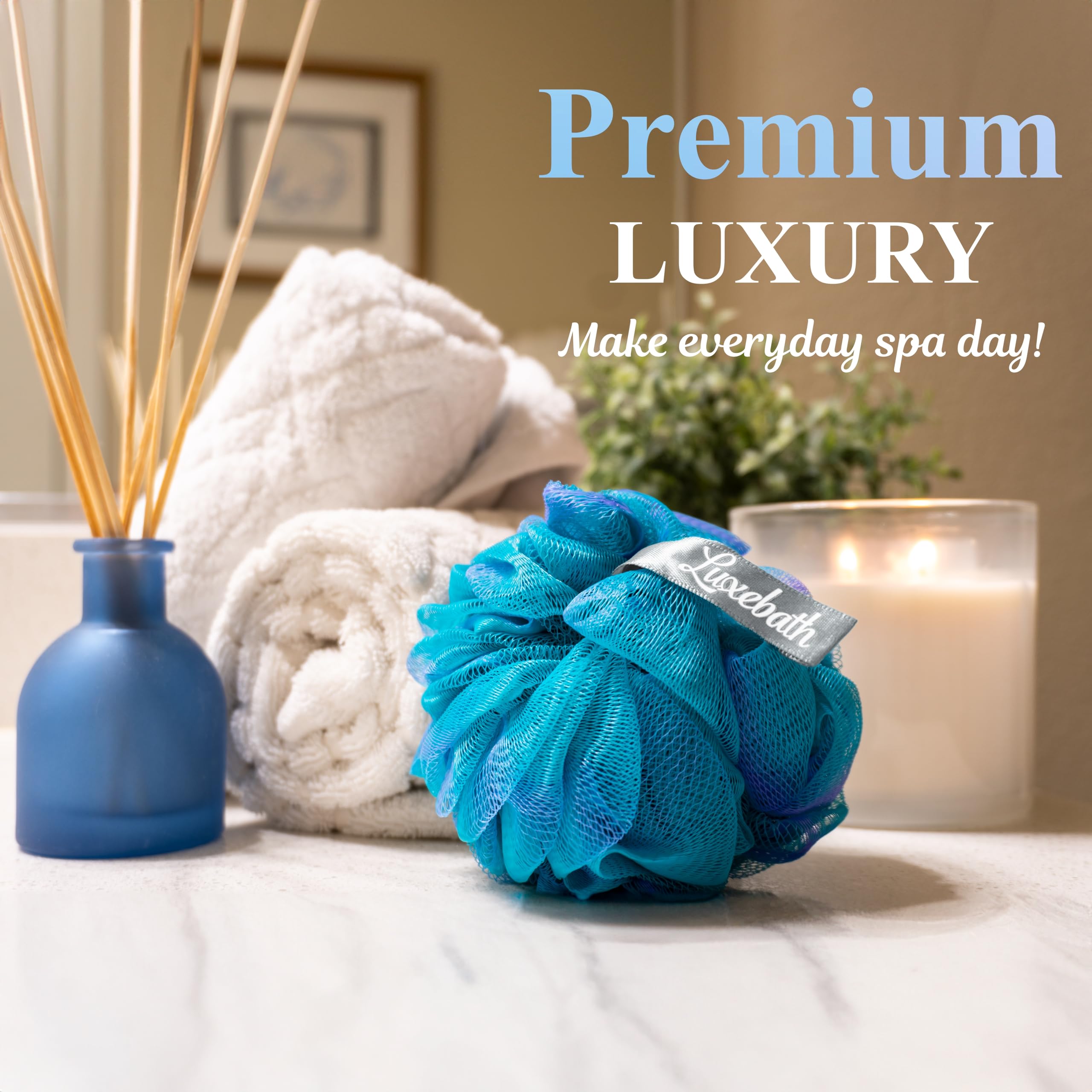 Luxebath Luffa Badeschwamm, Peeling, Körperschrubber für den Einsatz in der Dusche, mit tragbarer Reise-Tragetasche, mehrfarbig
