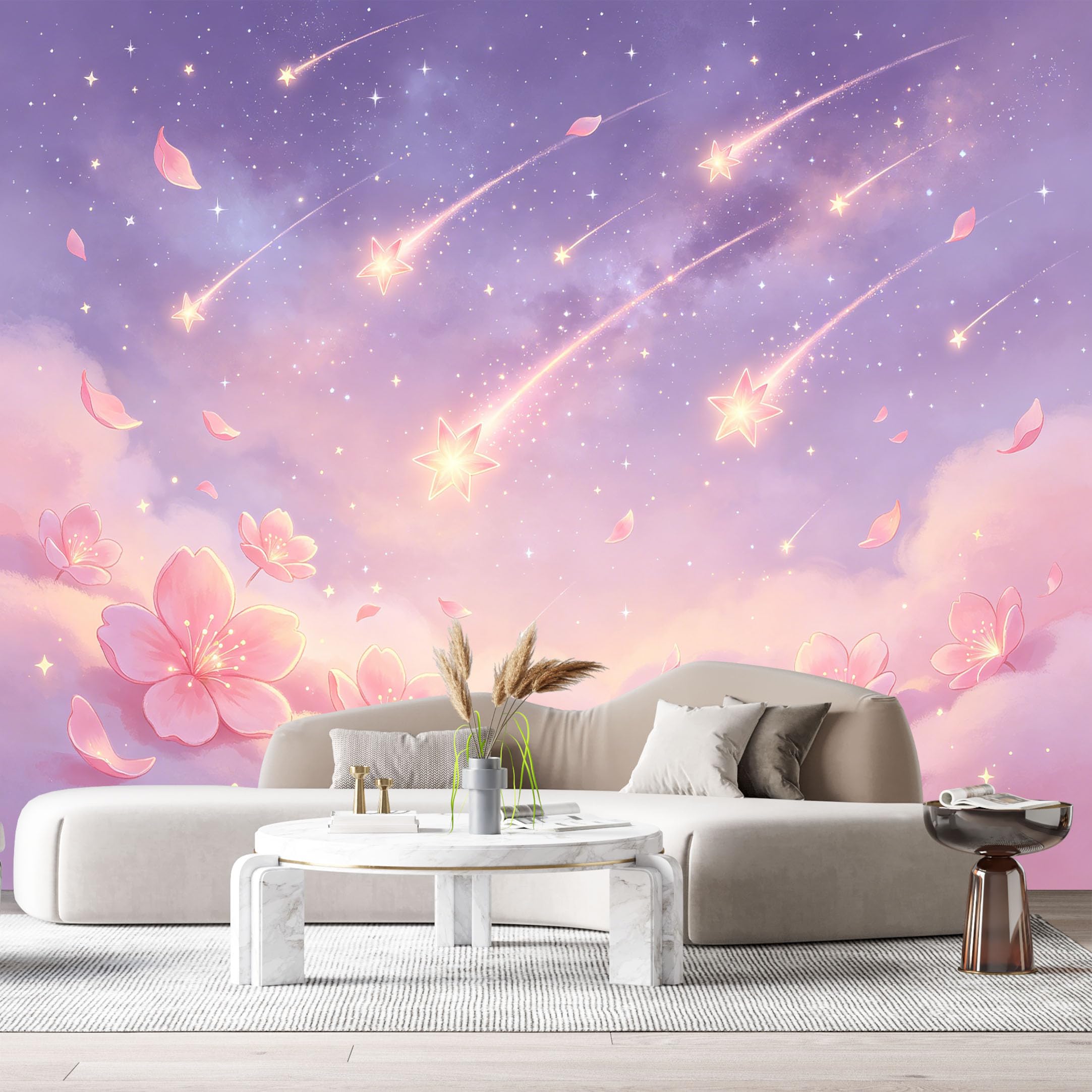 Custom Size Wall Murals Pink Sakura Flowers Shooting Stars Watercolor Aesthetic SelfAdhesiveWall Fabric Removable Wallpaper Wall Decor for Living Room Bedroom Bathroom