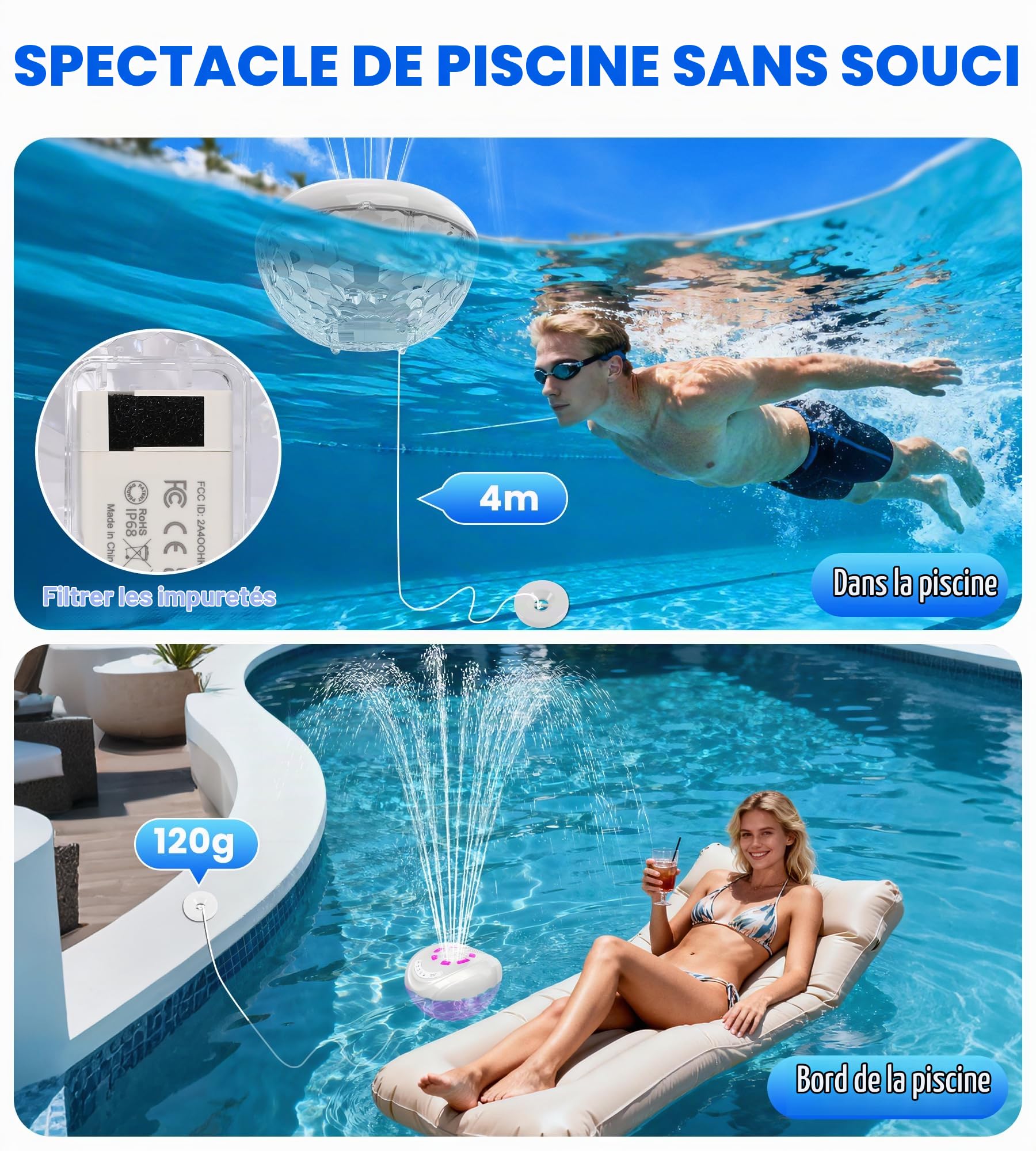 Luxfero 3 en 1 Enceinte Picsine avec Fontaine & Lumière,Enceinte Bluetooth Piscine Étanche IP68,Enceinte Flottante, Haut Parleur Bluetooth Puissant,Stéréo HD,BT5.4,24H Fontaine Piscine Rechargeable
