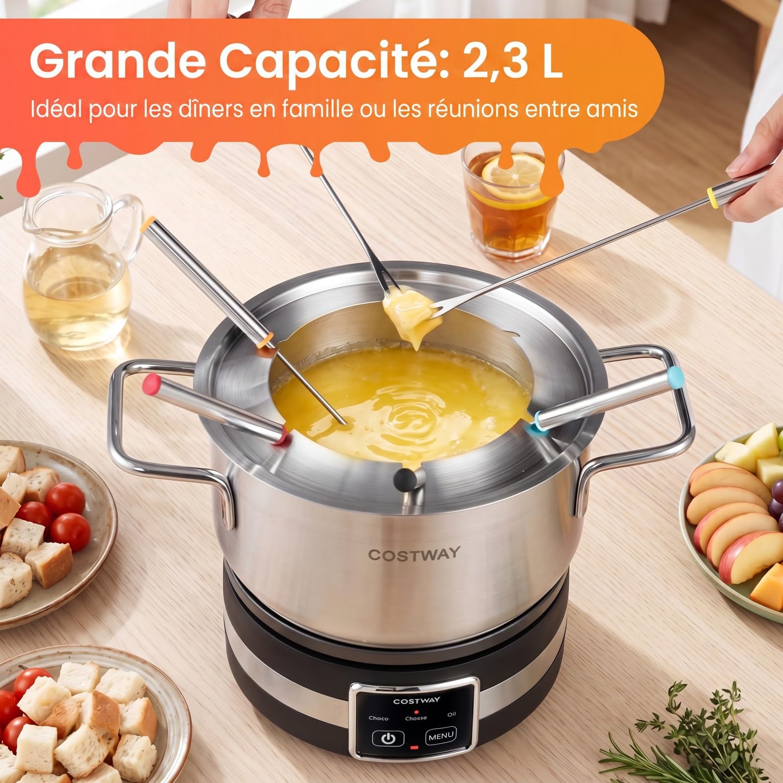 COSTWAY Appareil à Fondue Électrique 2,3L, 1200W, Service à Fondue en Acier Inoxydable, 6 Fourchettes Incluses, Thermostat Réglable, Compatible Lave-Vaisselle, pour Chocolat, Fromage