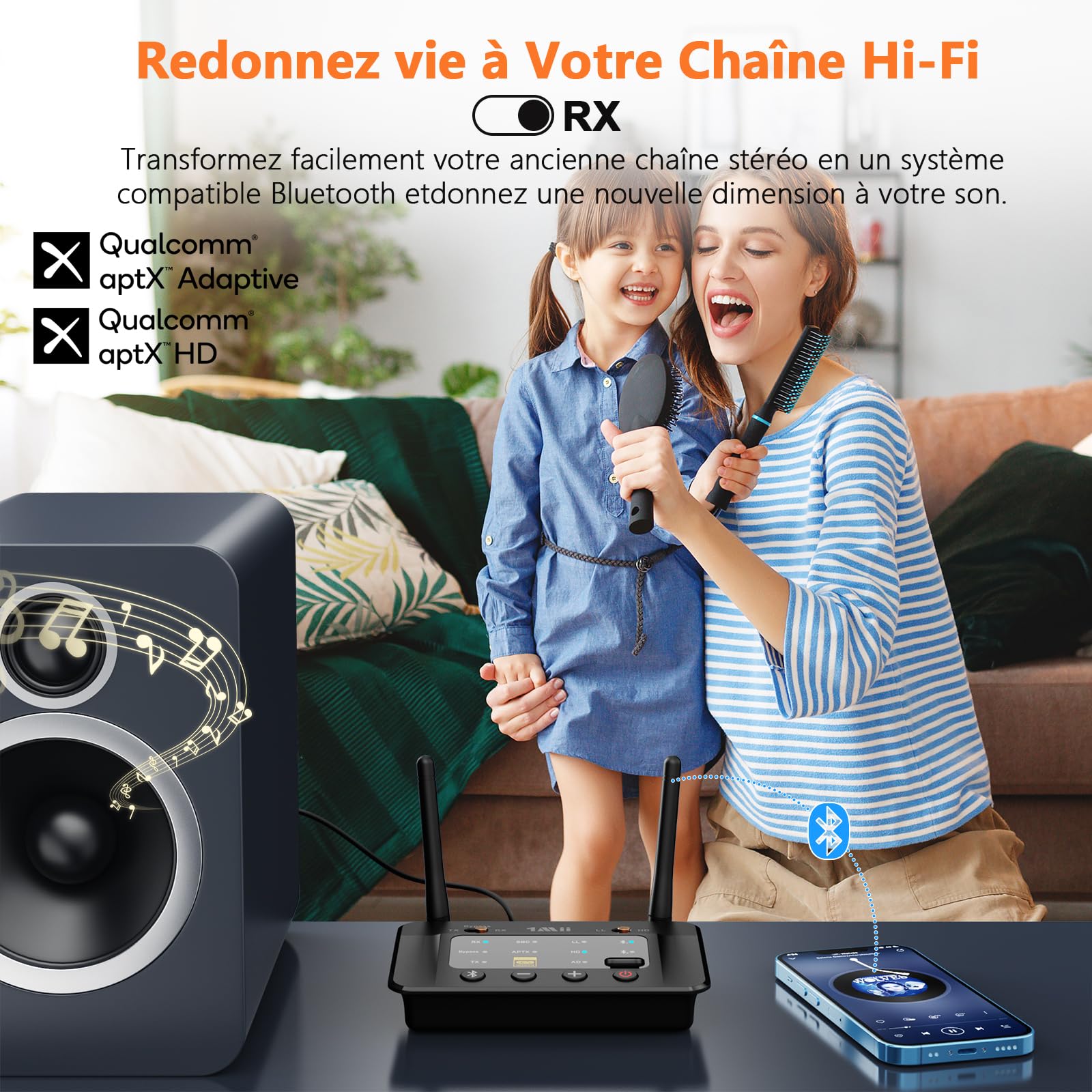 1Mii B03S Transmetteur Récepteur Bluetooth 5.3 avec DAC Audiophile, Émetteur Audio Bluetooth pour TV/Casque/Chaîne Stéréo HiFi, aptX AD/LL/HD, Clé USB Musique, Longue Portée, RCA Optiques AUX