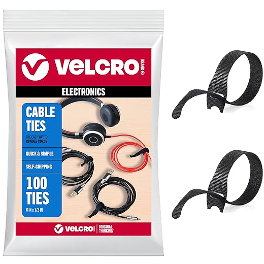 Velcro Brand Reusable Cable Ties, Practical Tech Gifts for Men, 100 Pack 6 Inch Cable Management Ties for Electronics and Desk Organization, Black