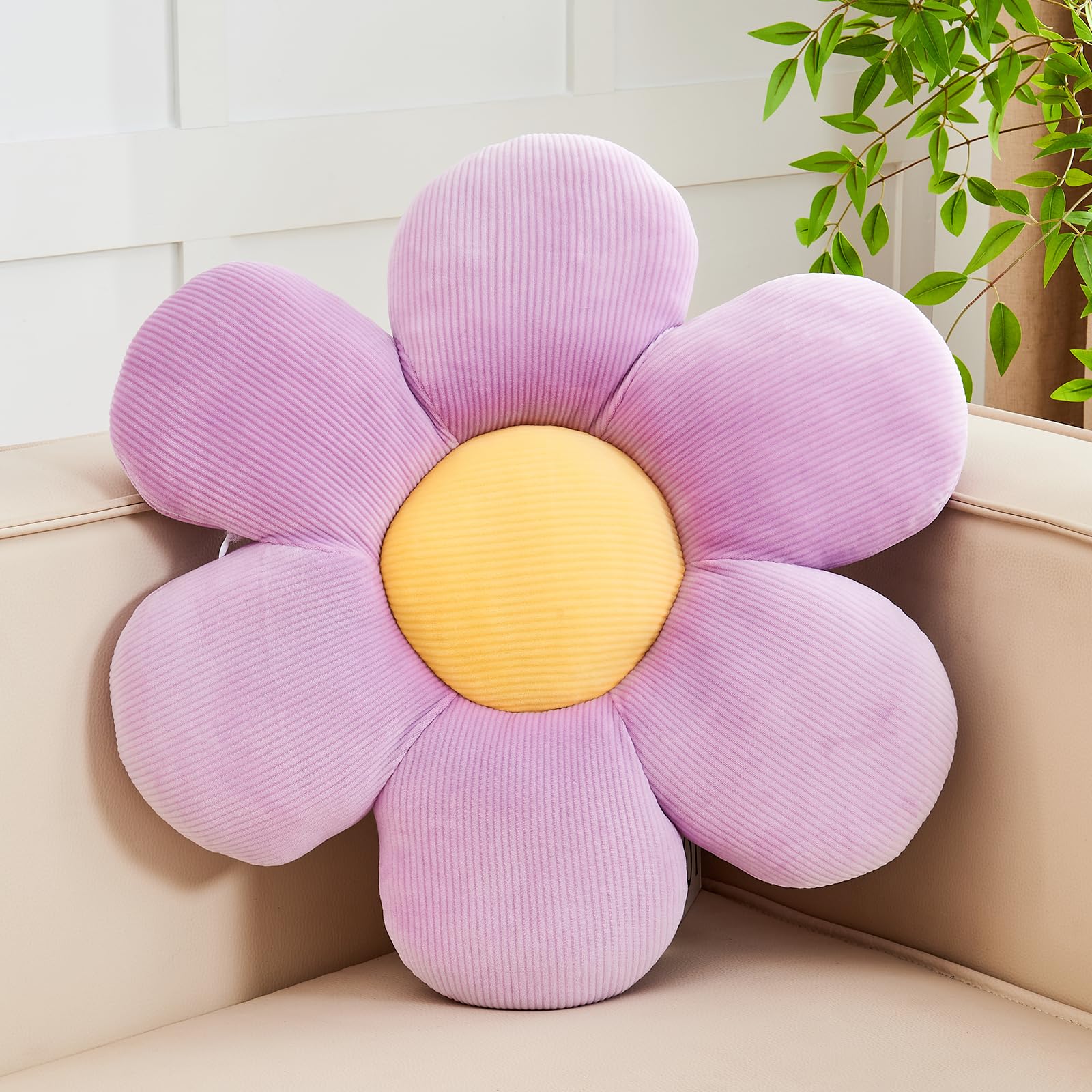Kcvvcr Purple Flower Pillow, 14.9" Cute Flower Shaped Floor Pillow, Aesthetic Floral Plush Daisy Decorative Throw Pillows for Bed Sofa Couch