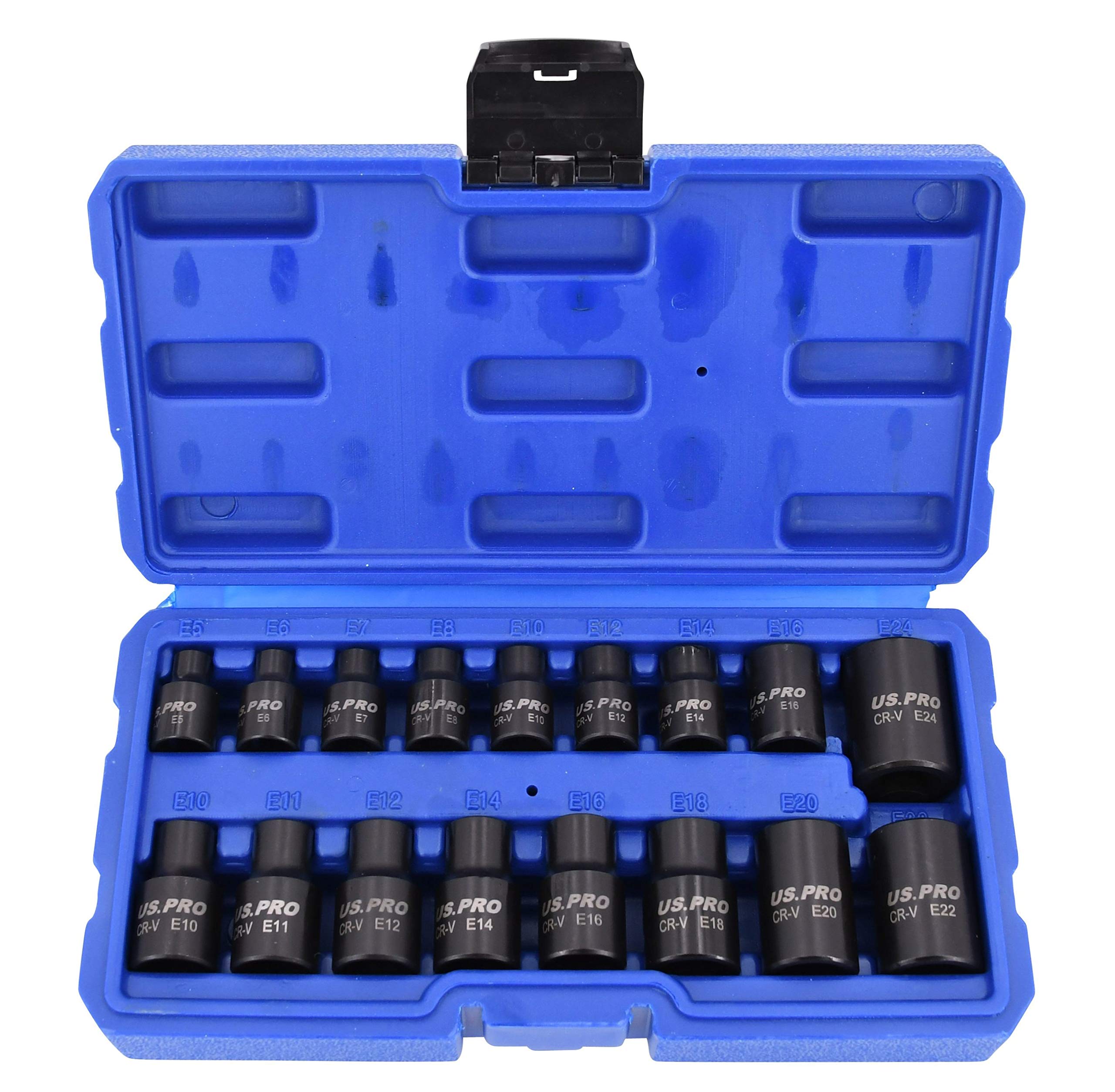 US Pro Impact E Torx Star - Juego de 17 llaves de vaso hembra E5 a E24 de 3/8 y 1/2 pulgadas