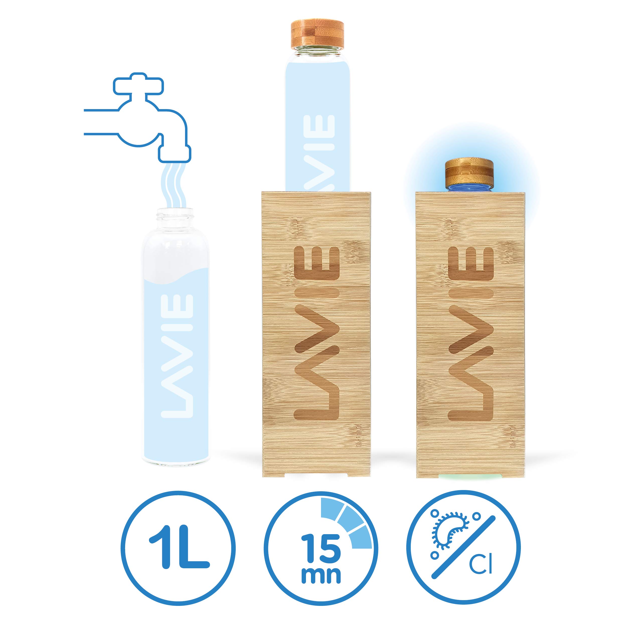 LaVie Premium - Purificador de Agua en Bambú con luz UVA Que Funciona Sin Consumibles. Transforme su Agua del Grifo en Agua Pura y Deliciosa en 15 Minutos. Capacidad 1L