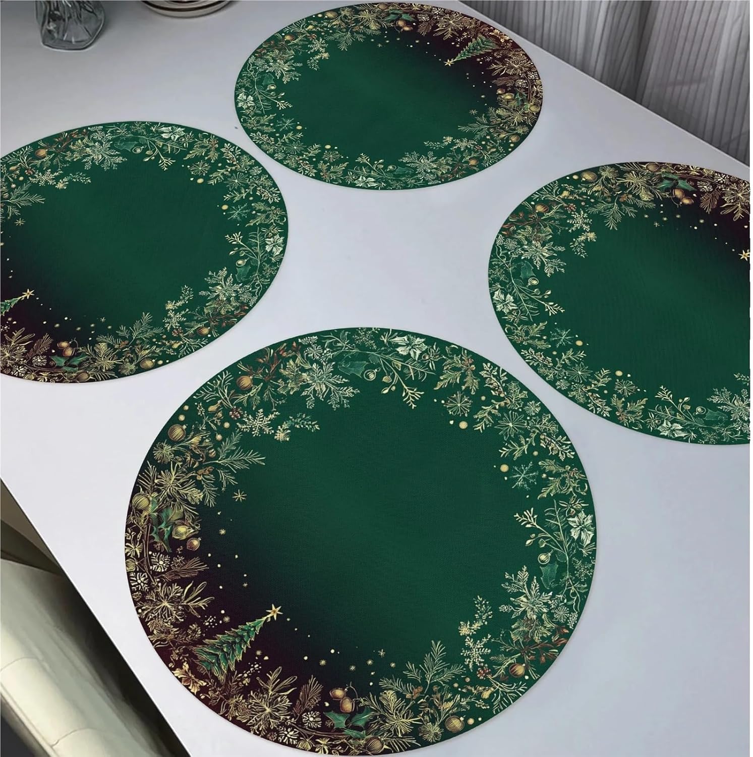 4PC Green Gold Meal Mat Golden Leaf Berry Christmas Tree Dining Table Restaurant Party Decoration