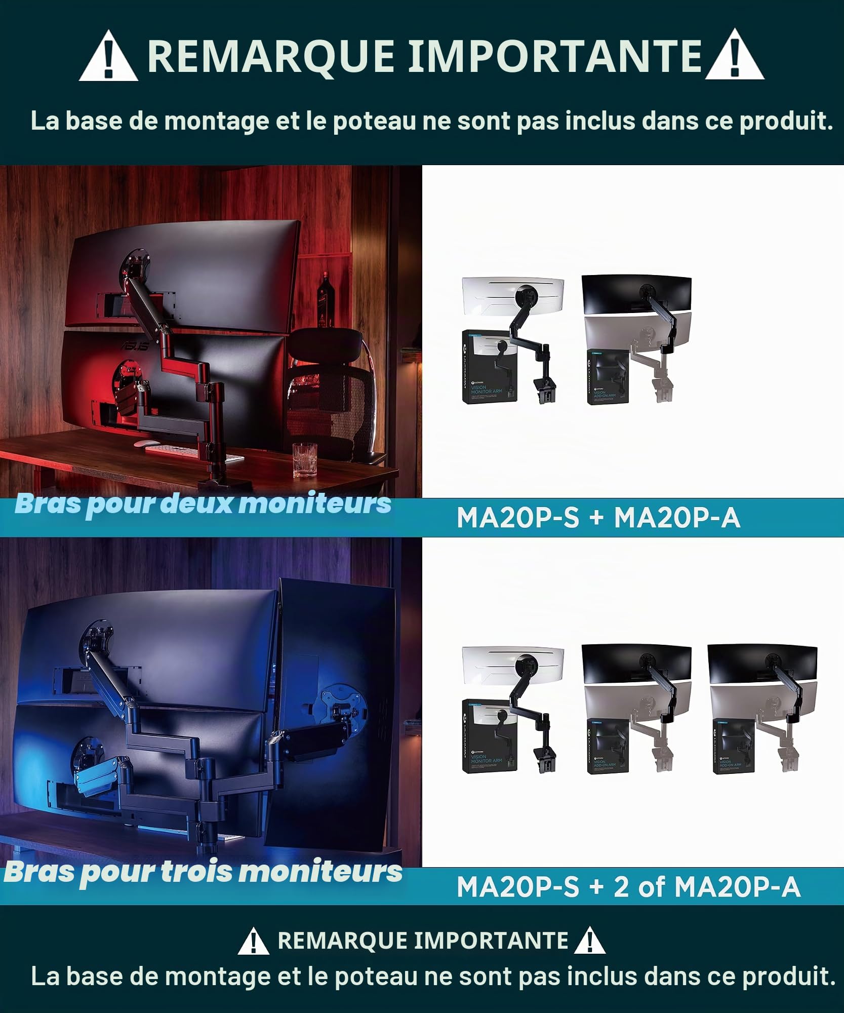 ULTRARM Bras d'extension Robuste, Accessoire pour MA20P-S, Non Autonome | Max 3 écrans, support vertical double 49", base & tige non incluses, VESA 100x100, Noir, MA20P-A