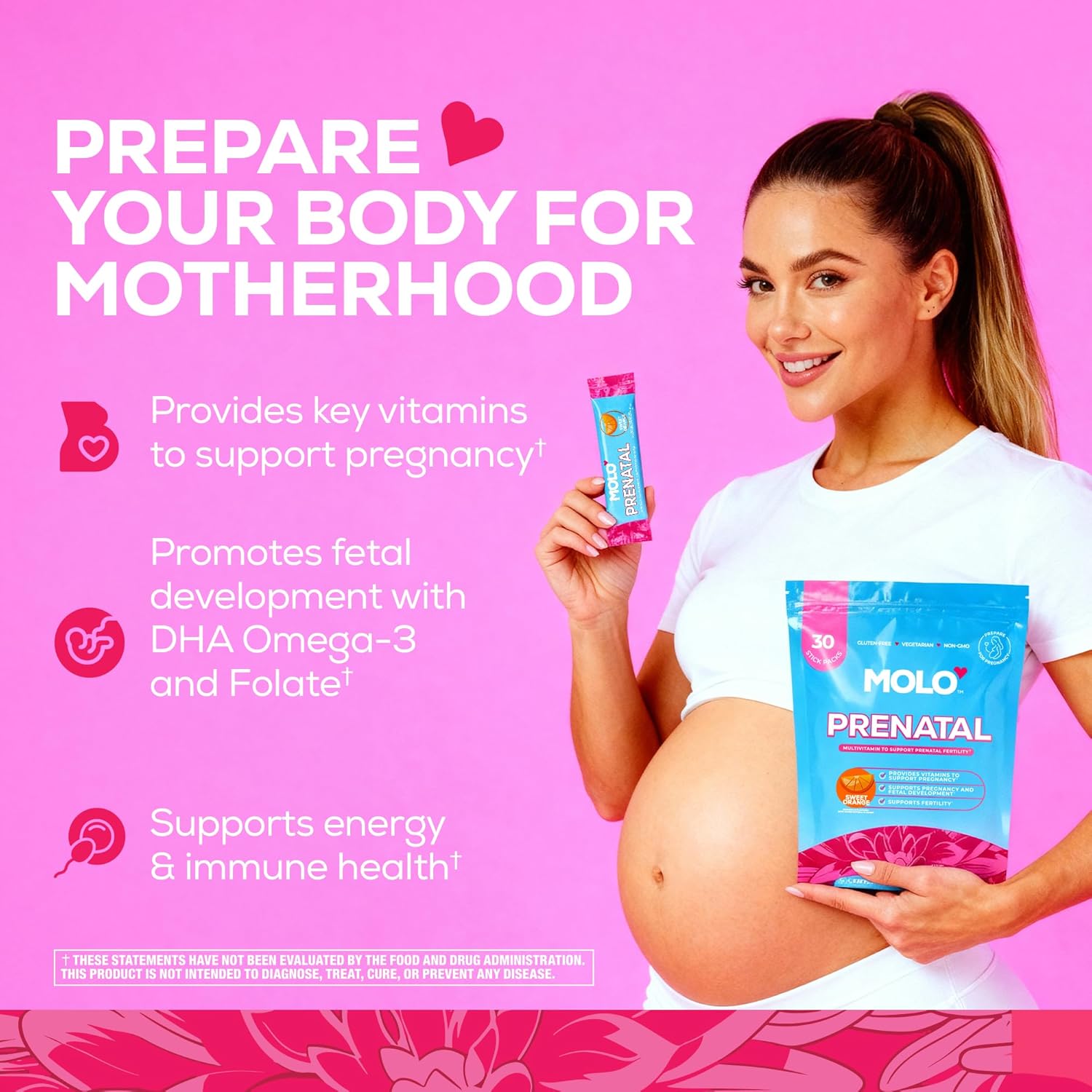 MOLO Prenatal Multi-Vitamin Drink Mix for Women – Packed with essential vitamins & antioxidants, DHA Omega-3, Methylfolate – 30 Stick Packs with Sweet Orange Flavor – Vegetarian, Gluten-Free & Non-GMO