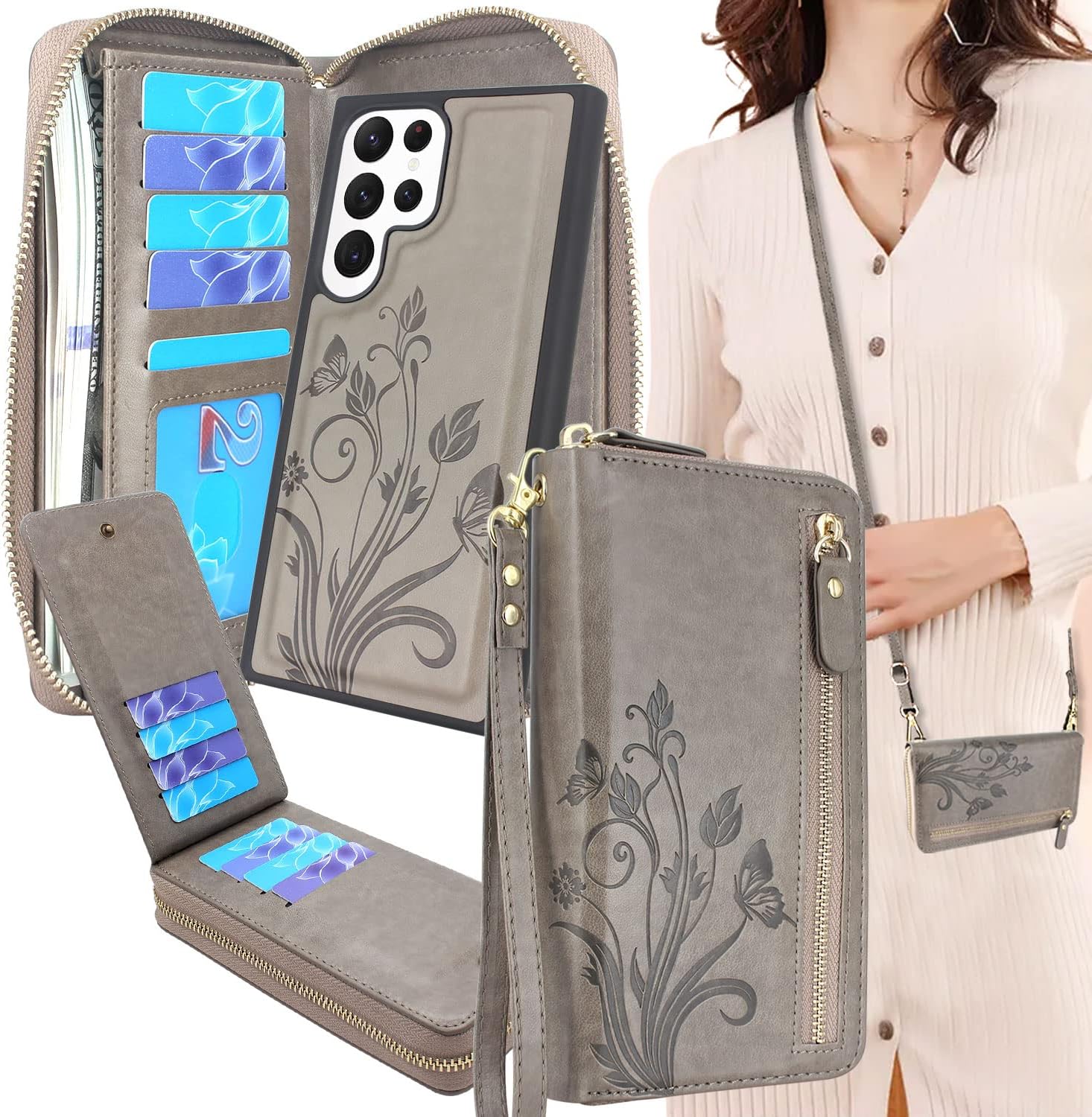 Lacass for Samsung Galaxy S23 Ultra 5G 6.8 inch 2023 Crossbody Dual Zipper Detachable Magnetic Leather Wallet Case Cover Wristlets Wrist Strap 13 Card Slots Money Pocket (Floral Gray)