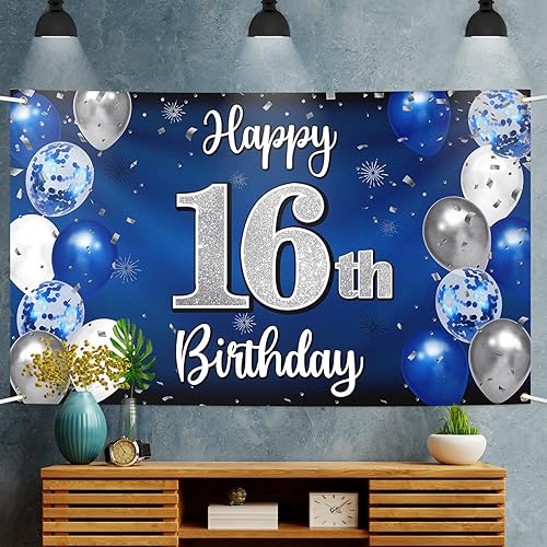 Miniatura 5 de Decoraciones de feliz cumpleaños número 16, globo azul y plateado grande cartel de fondo de cumpleaños de 16 años, suministros para fiesta de