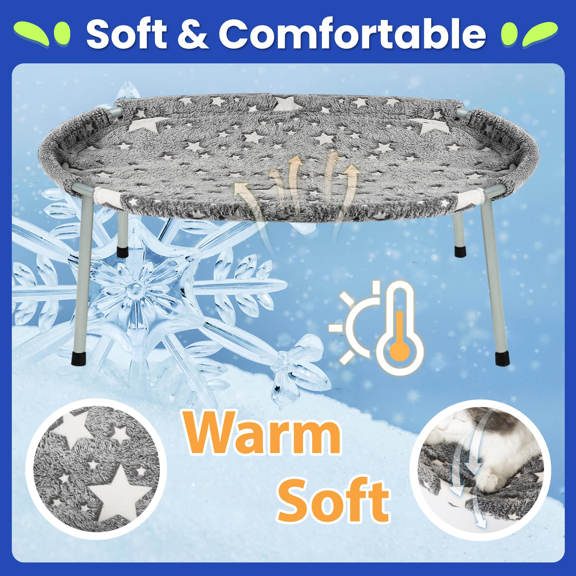 POMESEA Cat Hammock for Indoor Cats, Glow in The Dark Elevated Cat Bed for Large Cats Washable, Soft & Durable Pet Bed Raised Dog Bed Gray