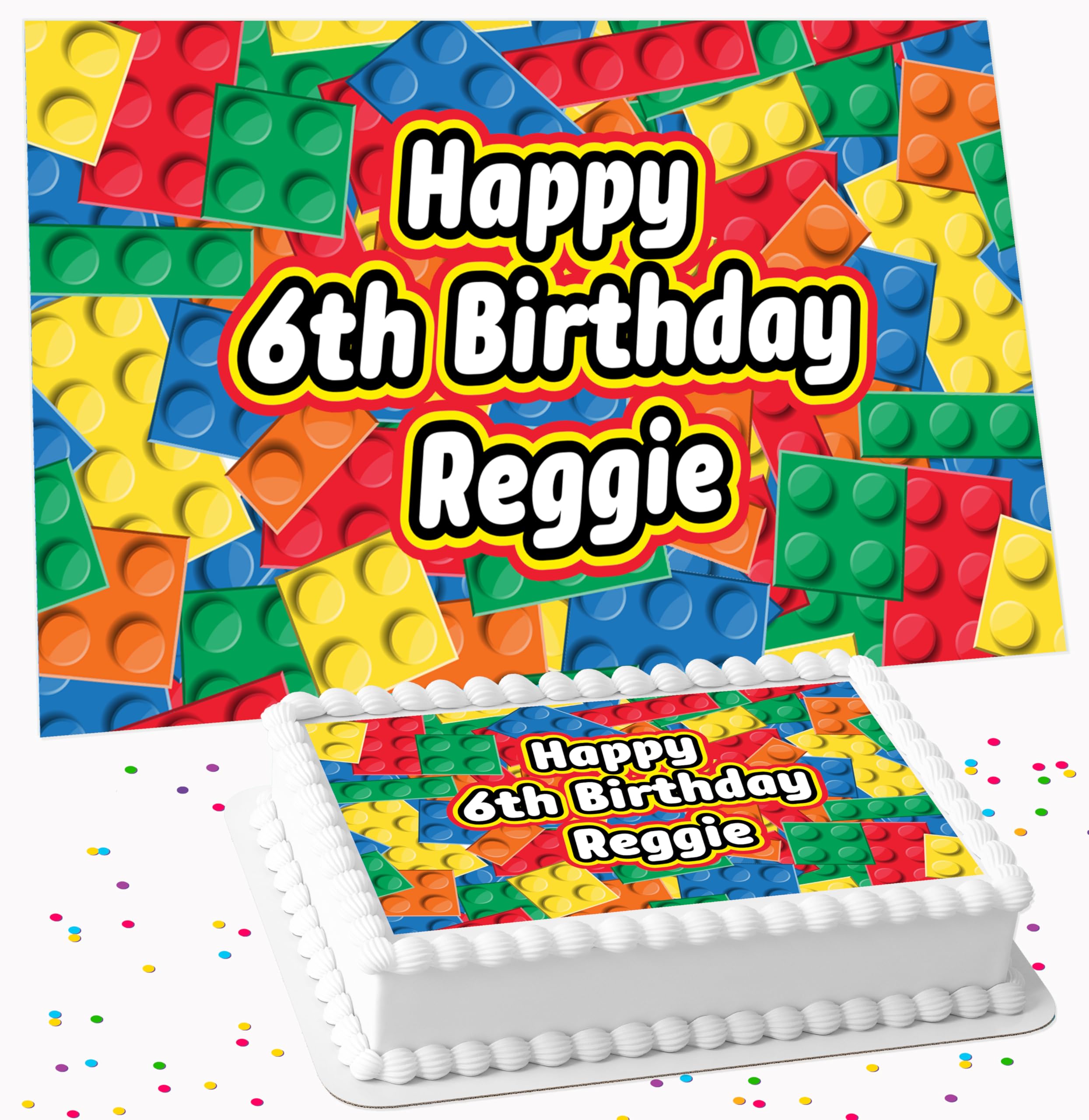 BUILDING BRICKS HAPPY BIRTHDAY PERSONALISED RECTANGLE EDIBLE ICING LARGE CAKE TOPPER DECORATION SUITABLE FOR USE ON COSTCO CAKE R3-184
