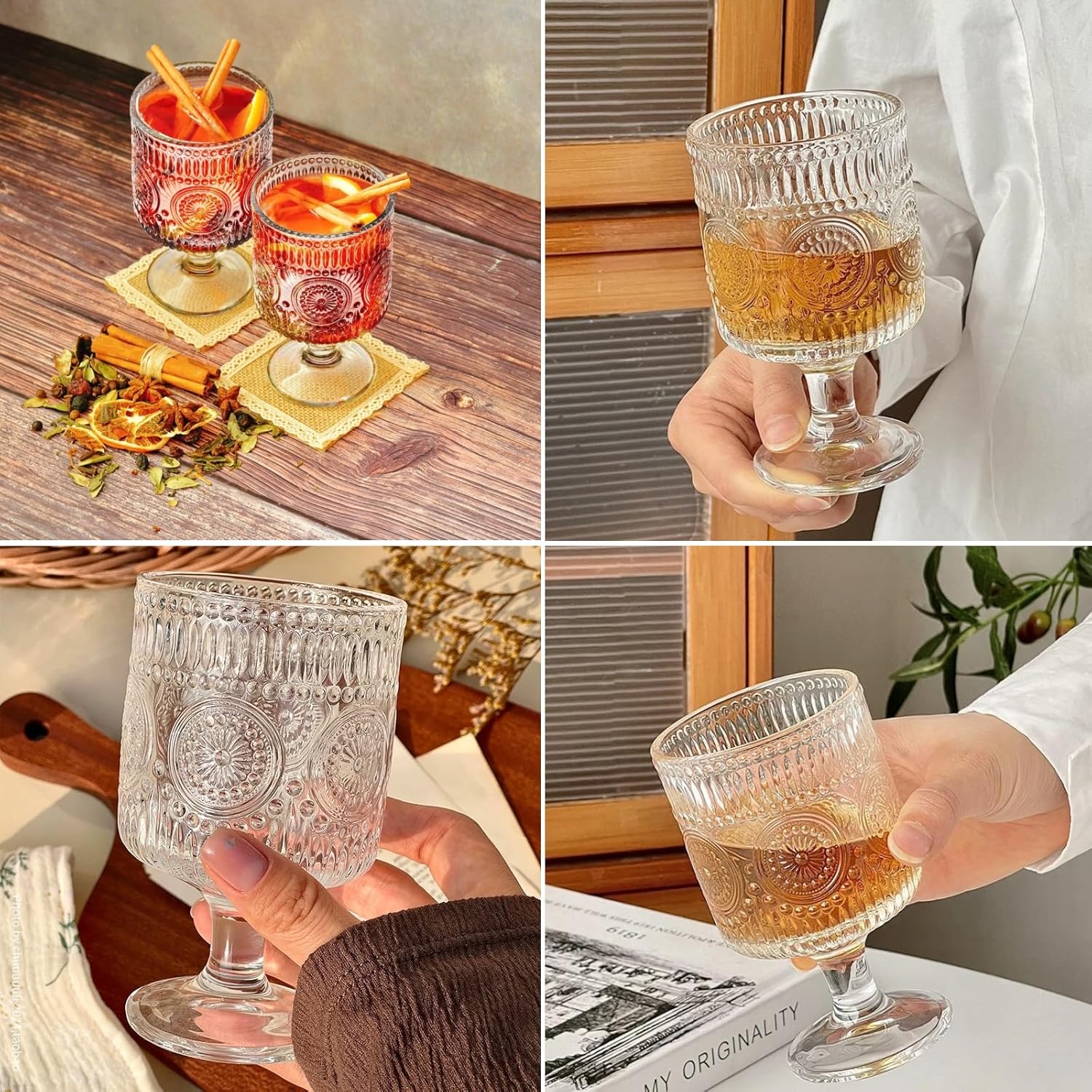 6 Pack Vintage Goblet Glasses, 8 OZ Embossed Floral Glass Cup, Clear Romantic Wine Glassware, Unique Pressed Pattern Stemware, Mixed Drink Glasses Set for Cocktail, Juice,Whiskey, Beer - Image 8