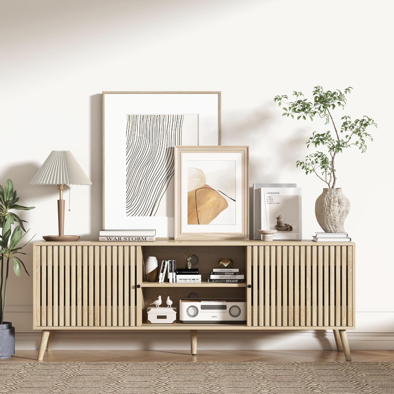 TV Stand for 55/65/70 Inch TV,Bamboo Entertainment Center with Natural Rattan Door, Large Long Boho Media TV Console with Open Shelves Living Room Bedroom