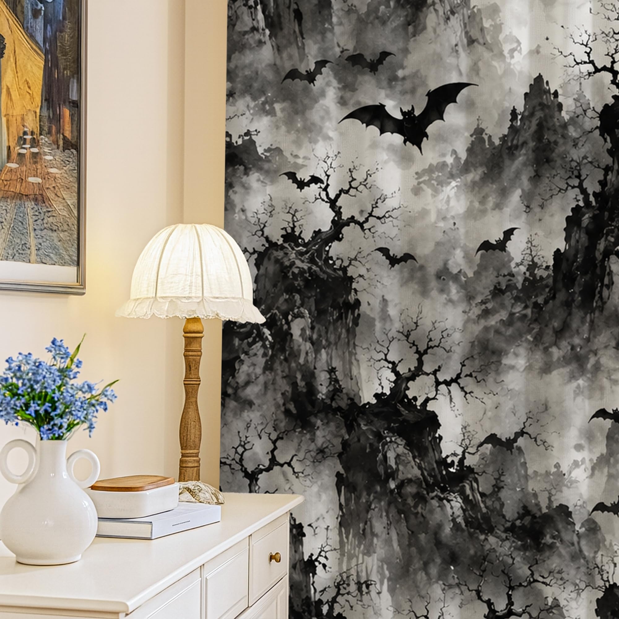Rideaux occultants Halloween premium avec motif d'arbre de montagne noir