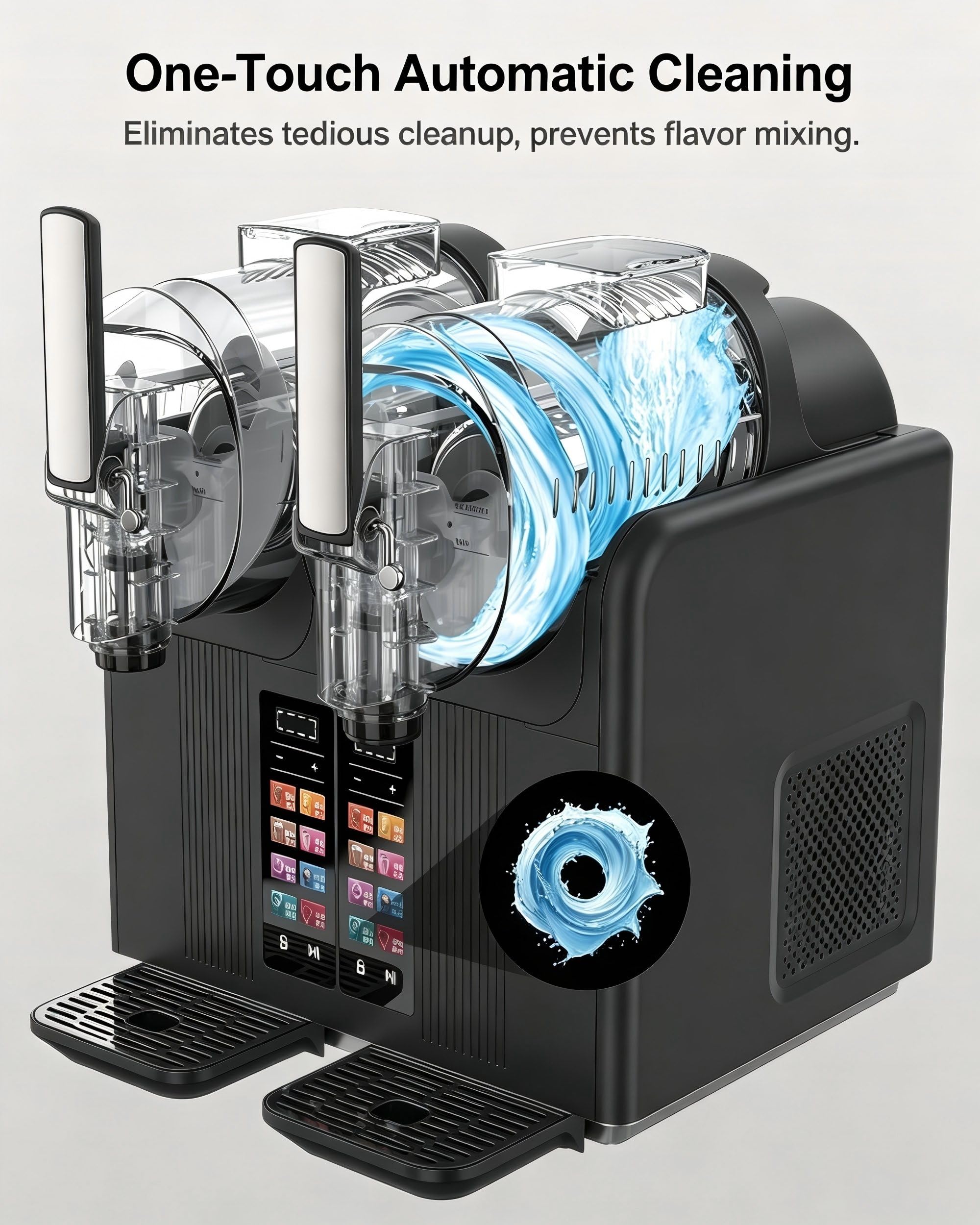 Máquina de Slush y Soft Serve de Doble Tanque – 2x2L, Pantalla Táctil Inteligente,7 Ajustes Preestablecidos, Mezclado 360°,Dureza Ajustable (Cremoso A Crujiente), Limpieza Automática con un Botón