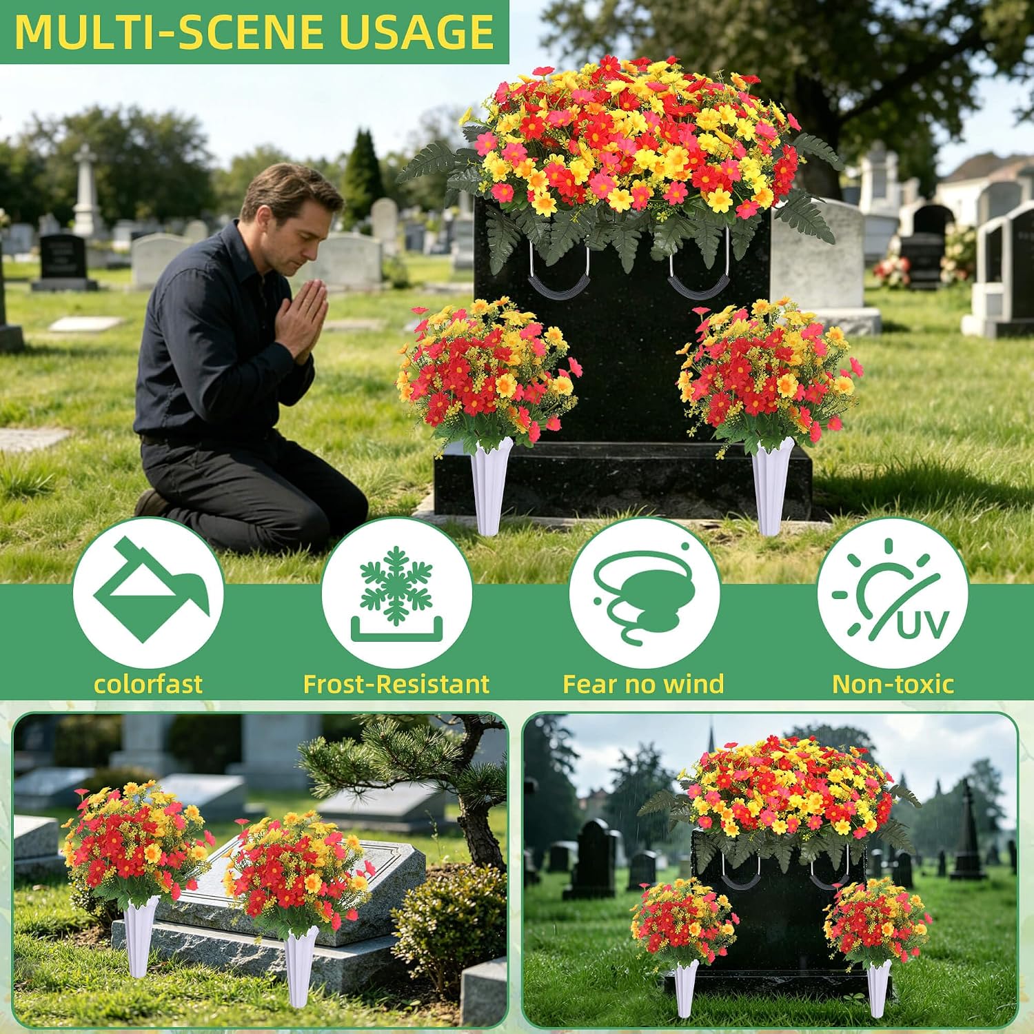 Lodou 3Pack Cemetery Flowers for Grave Large Cemetery Flowers Saddle Artificial Wildflowers Memorial Flowers with Vase Ground Stakes for Outdoors Grave Decorations