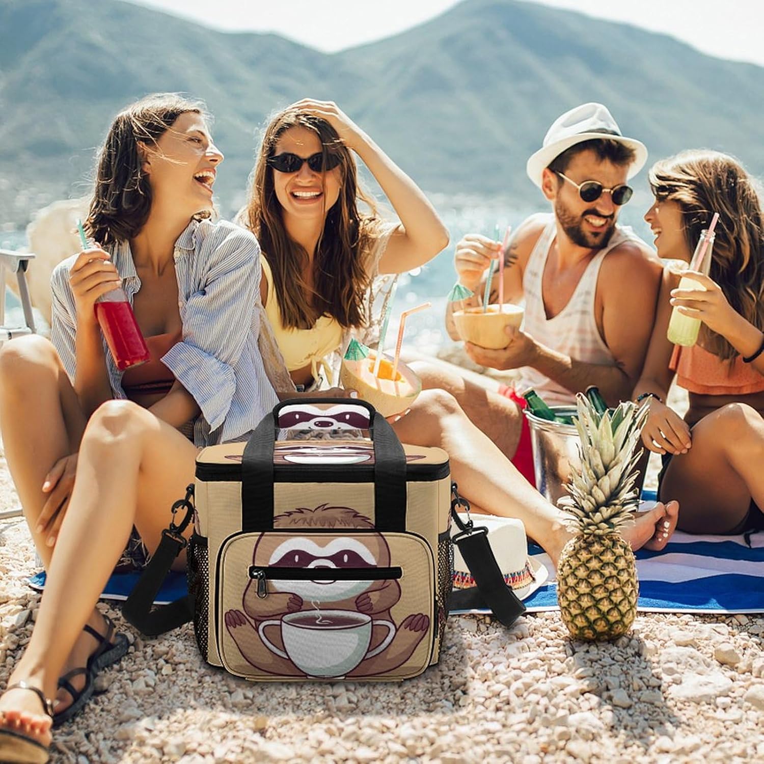 Camping Ice Pack, Yoga Sloth Coffee Print Cooler Bag, 22.5L Large Capacity Insulated Lunch Tote Bag for Outdoor, Picnic, BBQ, Travel, Work