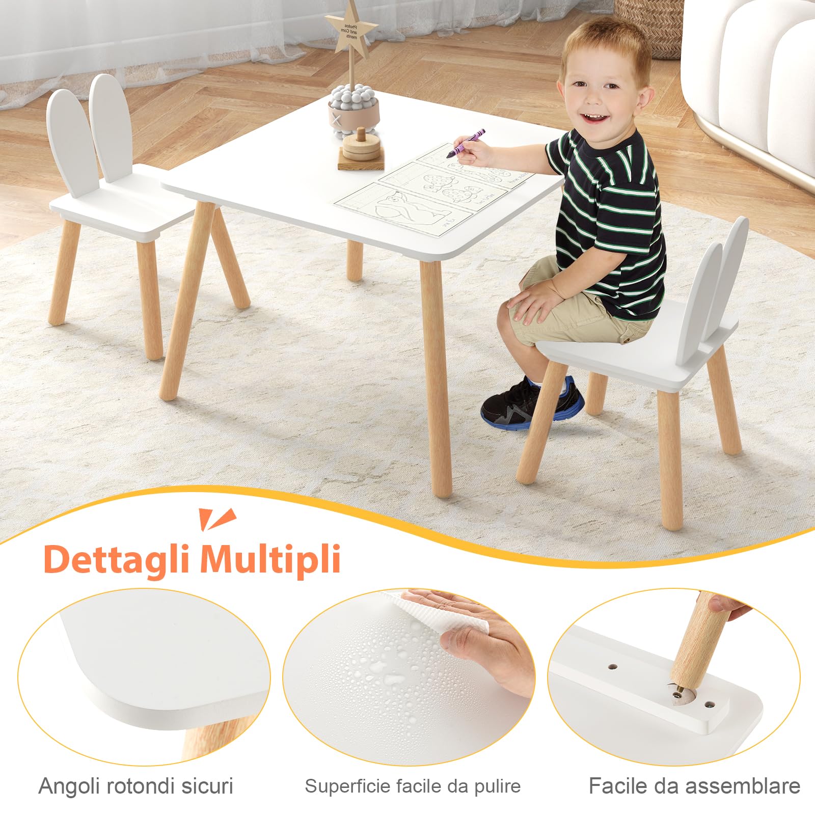 RELAX4LIFE Mesita infantil con 2 sillas con orejas de conejo, juego de mesa y sillas de madera para niños de 3 a 6 años, diseño compacto, mesa para jugar, dibujar y leer, capacidad para 40 kg (blanco)