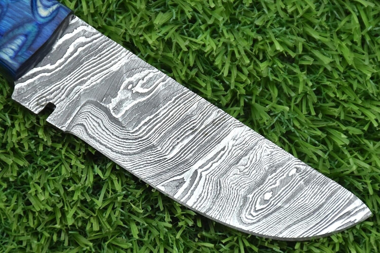 Generic Damascus steel skinning knife with Leather sheath, 8.5"" long with 4"" long straight back blade, Blue color wood scale jigged with sturls and lace hole