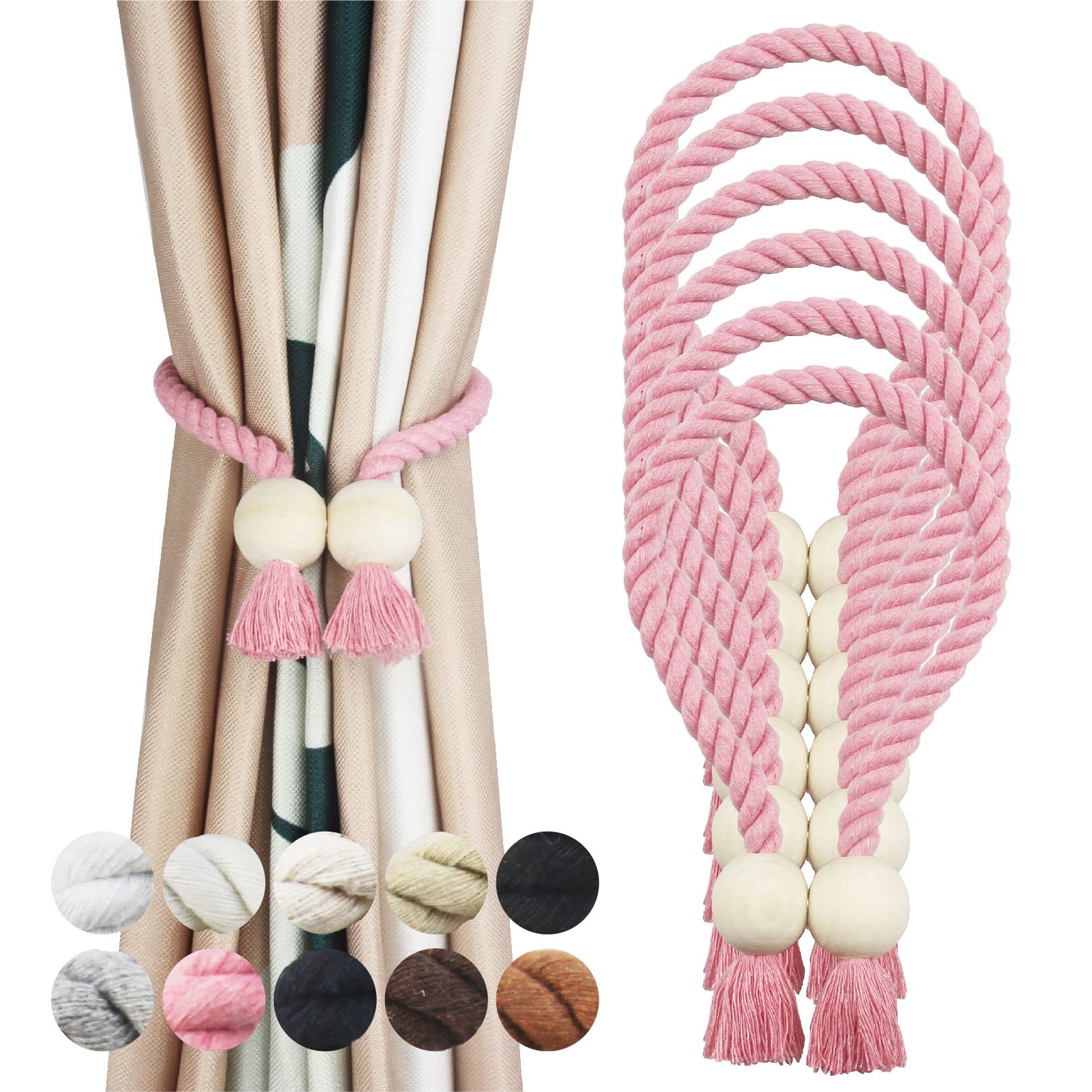 Lot de 6 embrasses magnétiques en coton tissé à la main pour rideaux avec boucle en bois Rose Aucun outil nécessaire