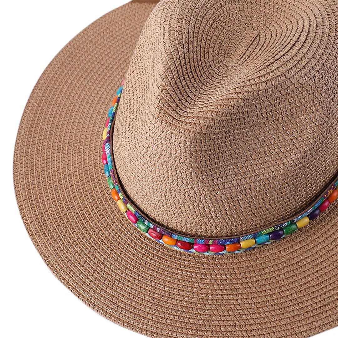 Cappello in paglia Panama, da donna, a tesa larga, da viaggio, spiaggia, jazz, Marrone, 6 7/8-7 1/8