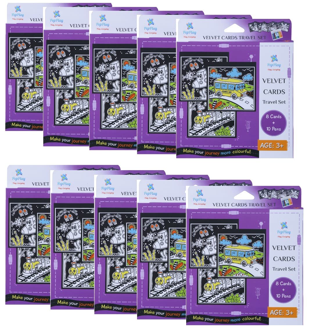 PepPlay Mini Velvet Coloring Card Kit - Vehicle Theme Set - 8 Cards + 10 Sketch Pens | Drawing Poster Sheet for Kid, Birthday Gift and Return Gift for 3+ Years Age Groups - Pack of 10 Sets