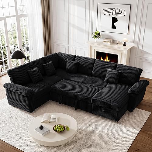 Modular Sectional Sleeper Sofa with Pull Out Bed, Storage Chaise & USB Charging, U Shaped Plush Corduroy Black Sectional Couches for Living Room, Comfy Convertible 7 Seat Cloud Sofa Bed, Black